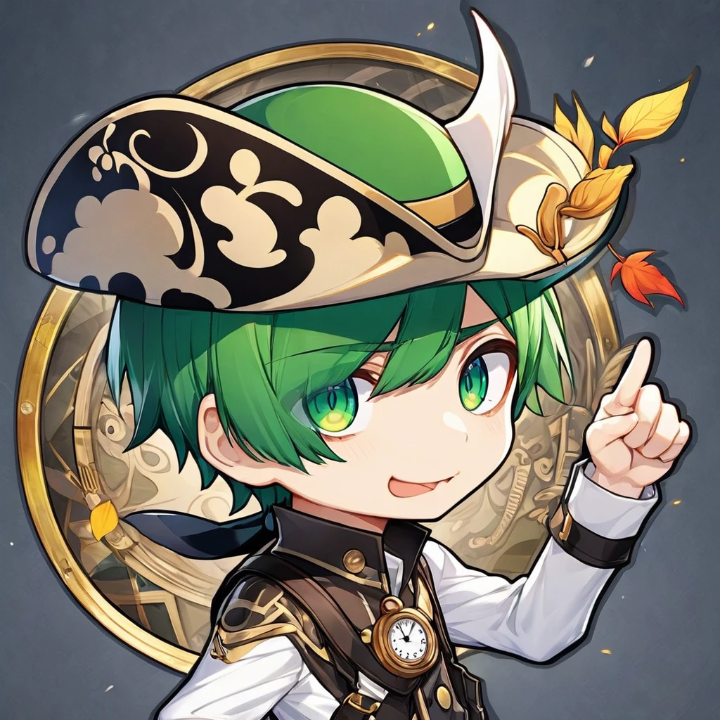 Wearing a green hat with arabesque pattern,The index finger of the left hand points to the 2 o&#39;clock position on the clock.,Only one person,Anime Boy, The tips of his fingers and the edge of his hat fit neatly into the screen.,MapleStory character art, From 1 piece, Jairo Zepelli, Little, trigger anime art style, Official character art, Michel Othello, Vargui art style, a pirate, Whole character!, main character, Prussia, MapleStory Indiana Jones, Sanji, pirate, Inspired by Junpei Sato, Official Art