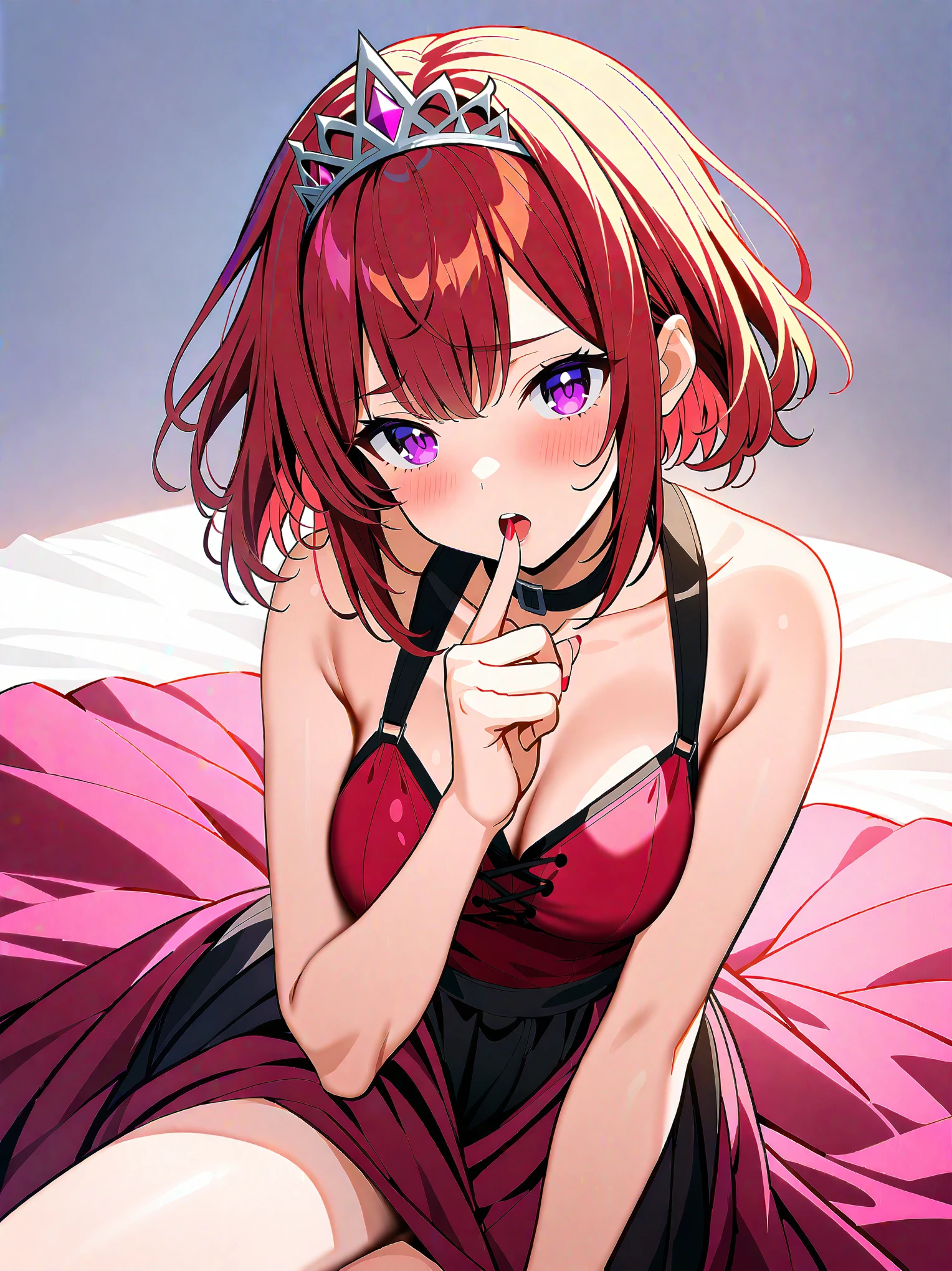 masterpiece, best quality, very aesthetic, absurdres, 1girl, dark red hair, purple eyes, ultra-detailed-hair, tiara, princess , queen, dress, v over mouth, lick, pixie cut