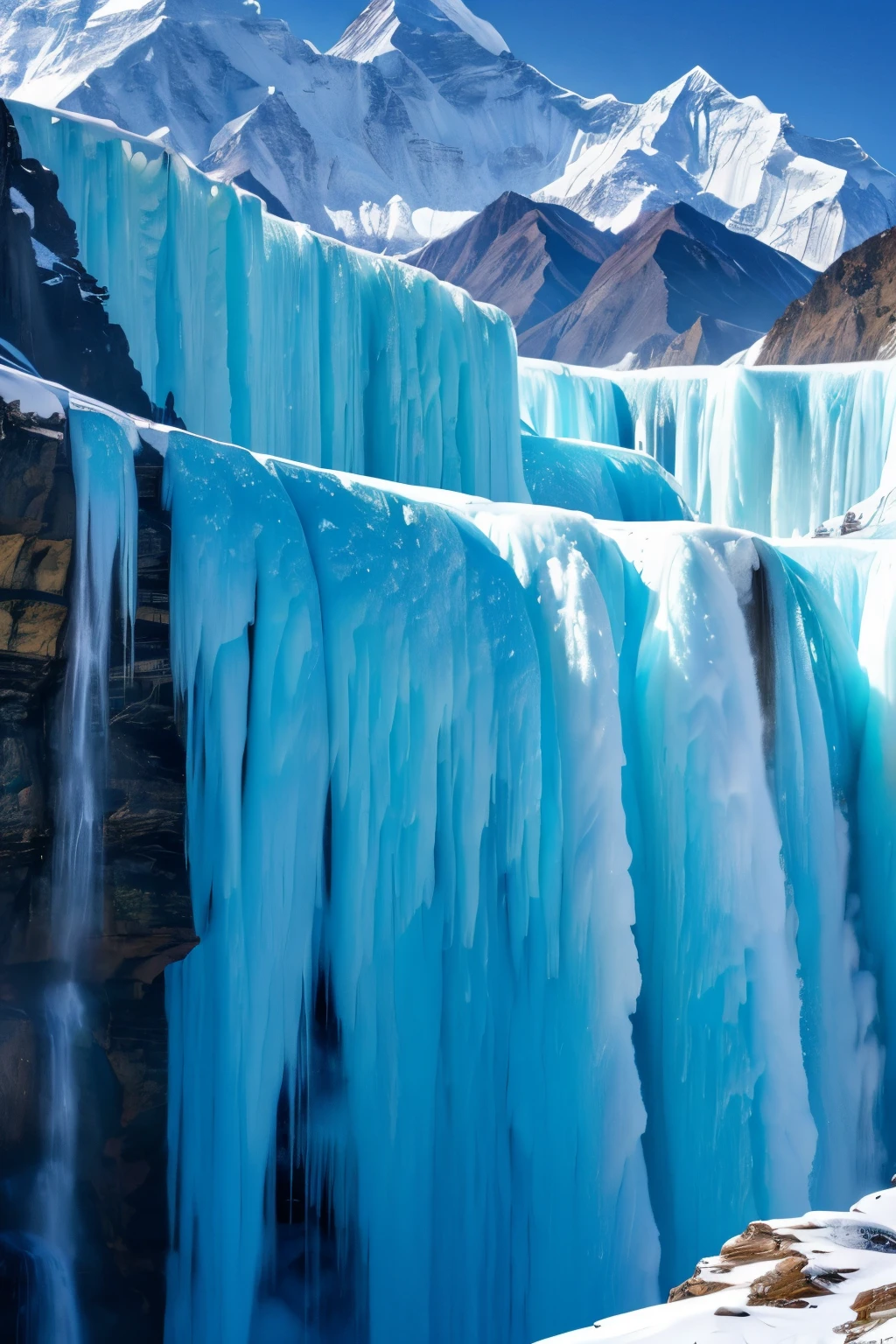 The Storm is Coming、Everest tributaries、A huge waterfall completely frozen、Ice looming before our eyes、、Close-up image