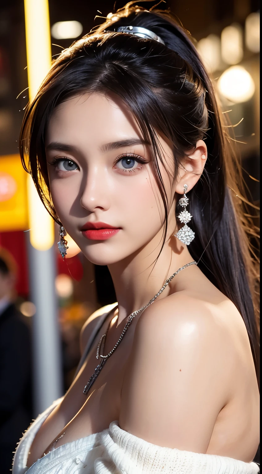 Urban fair girl college student, masterpiece, Light makeup, Red lips, Silver Hair, Messy long hair, Street background, fair, elegant. Super fine details, masterpiece, Real texture, Movie-level lighting realism, Perfect job, 16K, HD, Exquisite features,blue eyes、Japanese Idol、Pretty Face、Lovely smile、Brown hair、fair hair、Ponytail、Glamorous、 Large Breasts、stand erect、Oily muscles、Glowing skin、Tanned skin、black glowing skin、Sexy knitted sweater, Big bright eyes, Smooth skin, earrings, necklace, Tattoo