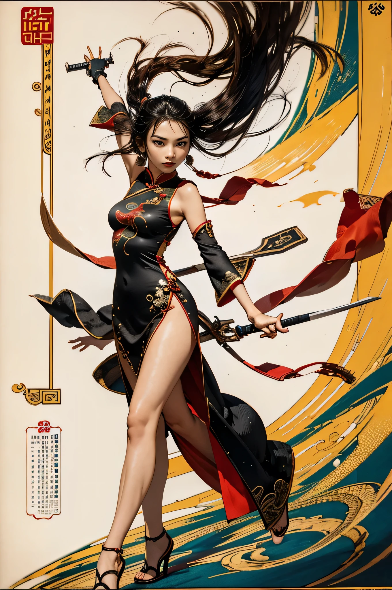 Stick Fighting Master, Chinese women, 22 years old, A gorgeously embroidered Chinese dress, Sensual, Disheveled Hair, Expressing agility,whole body,