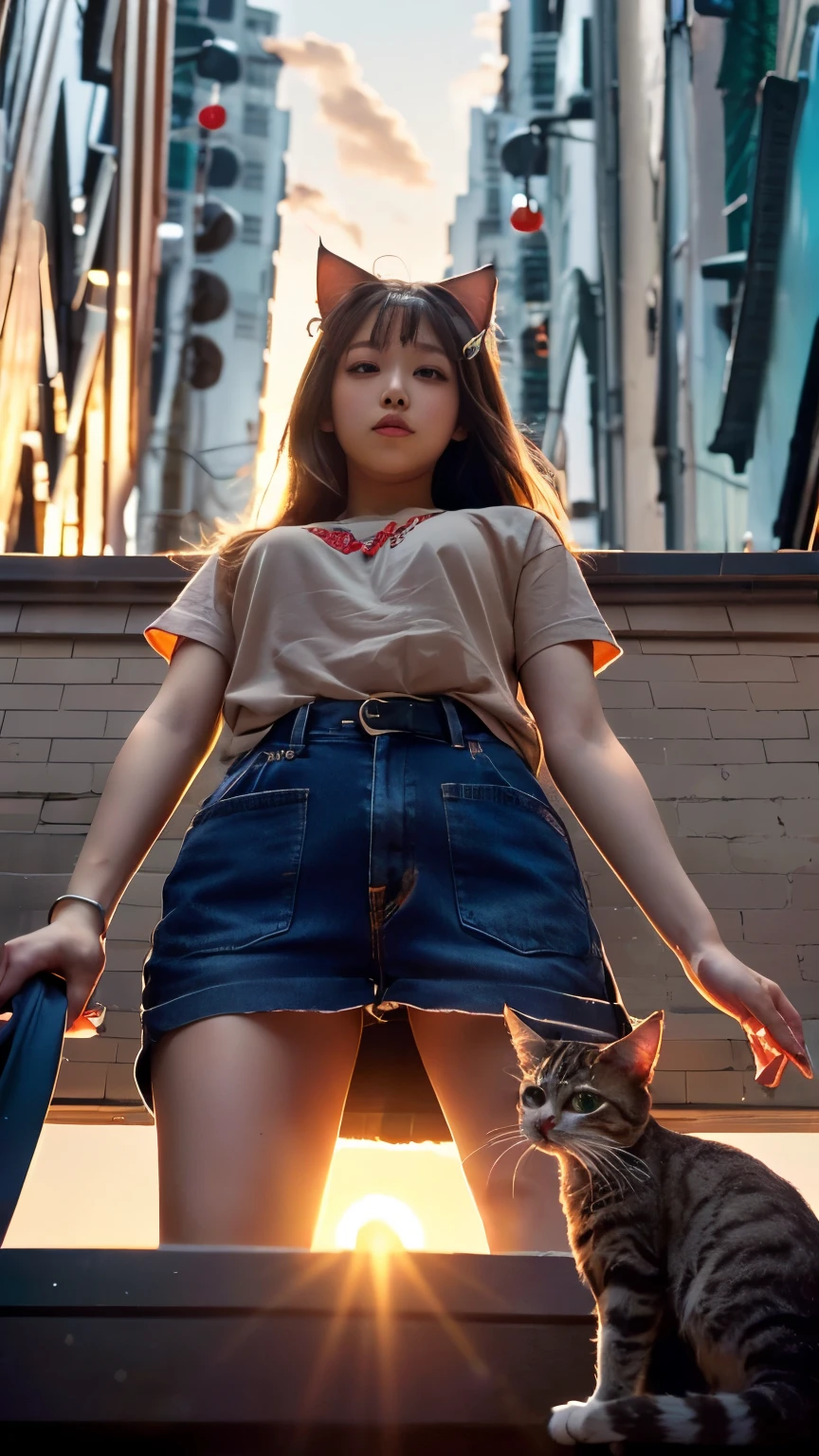 4K.High resolution. (masterpiece, highest quality, ) ,Bokeh, girl, Beautiful light brown hair, Light brown eyes, Plump breasts, blushed, (Cat ear:1.2), colorful t-shirt,  (Japanese Idols:1.6), Holding a cute cat,   Looking at the audience, (The background is Wall Street at sunset:1.4), (From below:1.6), Cowboy Shot