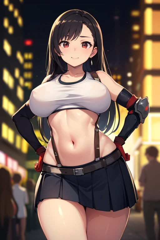 (A young female character in anime style),(blurry:1.5),sharp focus, professional lighting, depth of field, cinematic lighting,(Realistically:1.4),quality,Very delicate and beautiful,Huge tits,((ameizing cute)),,(20 years old),{(best quality}),((8k, RAW photo, masterpiece)), (beautiful realistic, photo-realistic),(extremely detailed 8k wallpaper),, ((beautiful face:1.3)),((beautiful body:1.3)),1 Girl, Tifa Lockhart lookalike, , Generally poor breasts, Long Hair, gloves, In a skirt, Thighs, 指のないgloves, suspenders, navel, Solo, Looking at the Viewer, Black Skirt, suspenders・スカート, 黒いThighs, Tight, Elbow pads, Red Eyes, ,(Tank top:1.5) , Black Hair, Elbow Gloves, Arm guard,((abdomen)) , Daytime, Pleated Skirt, Black Gloves, Absolutely delicious, , , Curvaceous, Swept bangs, (cowboyshot:1), City Street,(smile),,perfect hands,,stance,,male pov,(Low waist:1.3),(under_boob),from below,hands on one hips,shirtlift