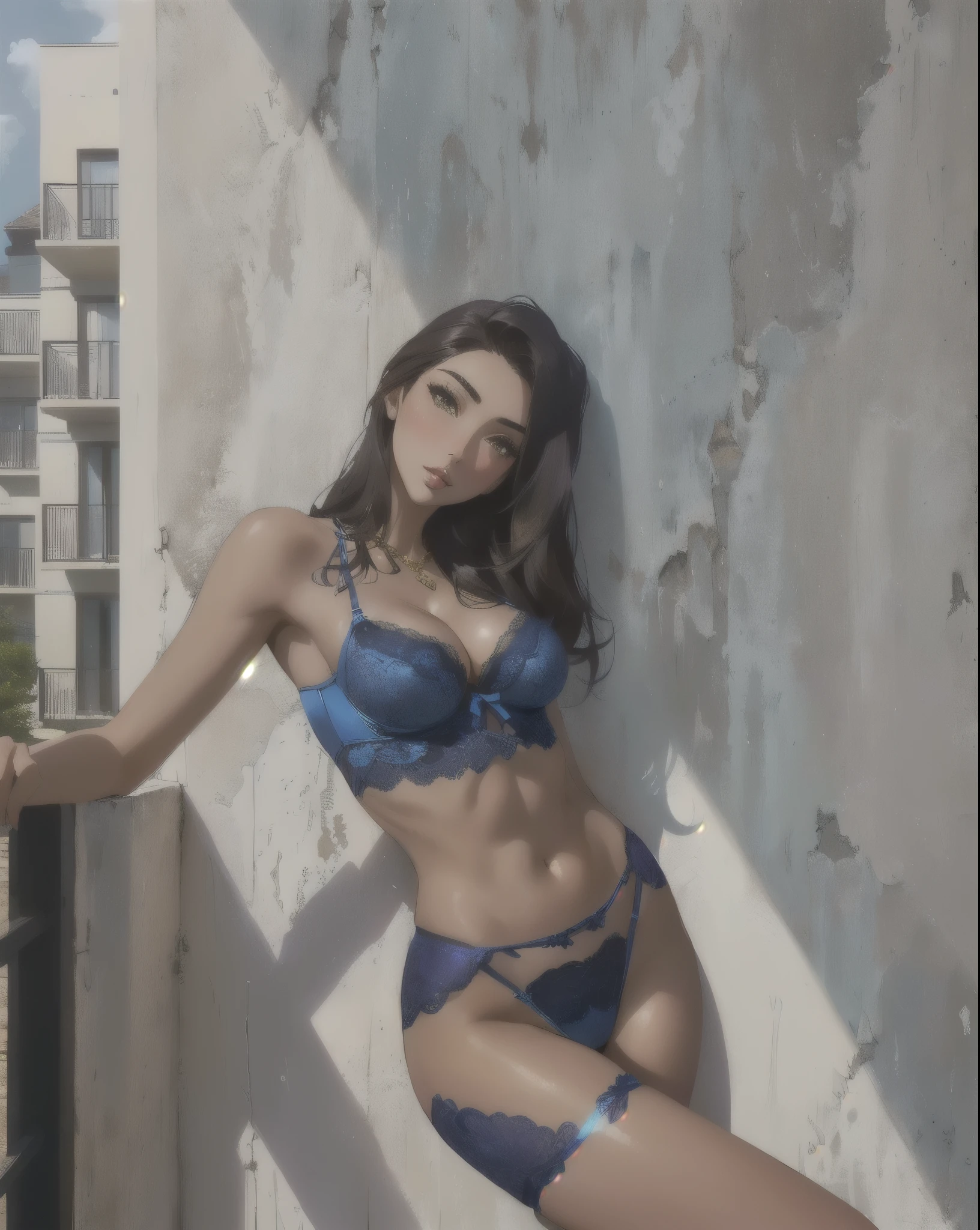 arafed woman in blue lingerie leaning against a wall, bright blue shiny lingerie, blue bikini, violet myers, large breasts, cleavage, sexy abs, wearing sexy lingerie, lingerie, blue outfit, dressed in blue, sexy girl, laced lingerie, lacey, the extremely hot and sexy, portrait sophie mudd, bella poarch, liana, olivia culpo, intricate and detailed lace set, small gold chains, very sexy
