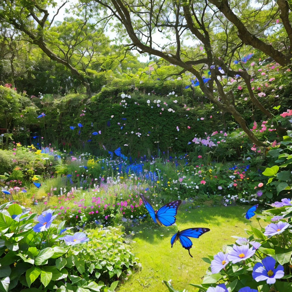 (best quality,4k,8k,highres,masterpiece:1.2),ultra-detailed,(realistic,photorealistic,photo-realistic:1.37),blue butterfly,illustration,delicate wings,garden scenery,lush greenery,vibrant flowers,subtle sunlight,butterfly in mid-air,dainty creature,floating gracefully,colorful petals,faint breeze