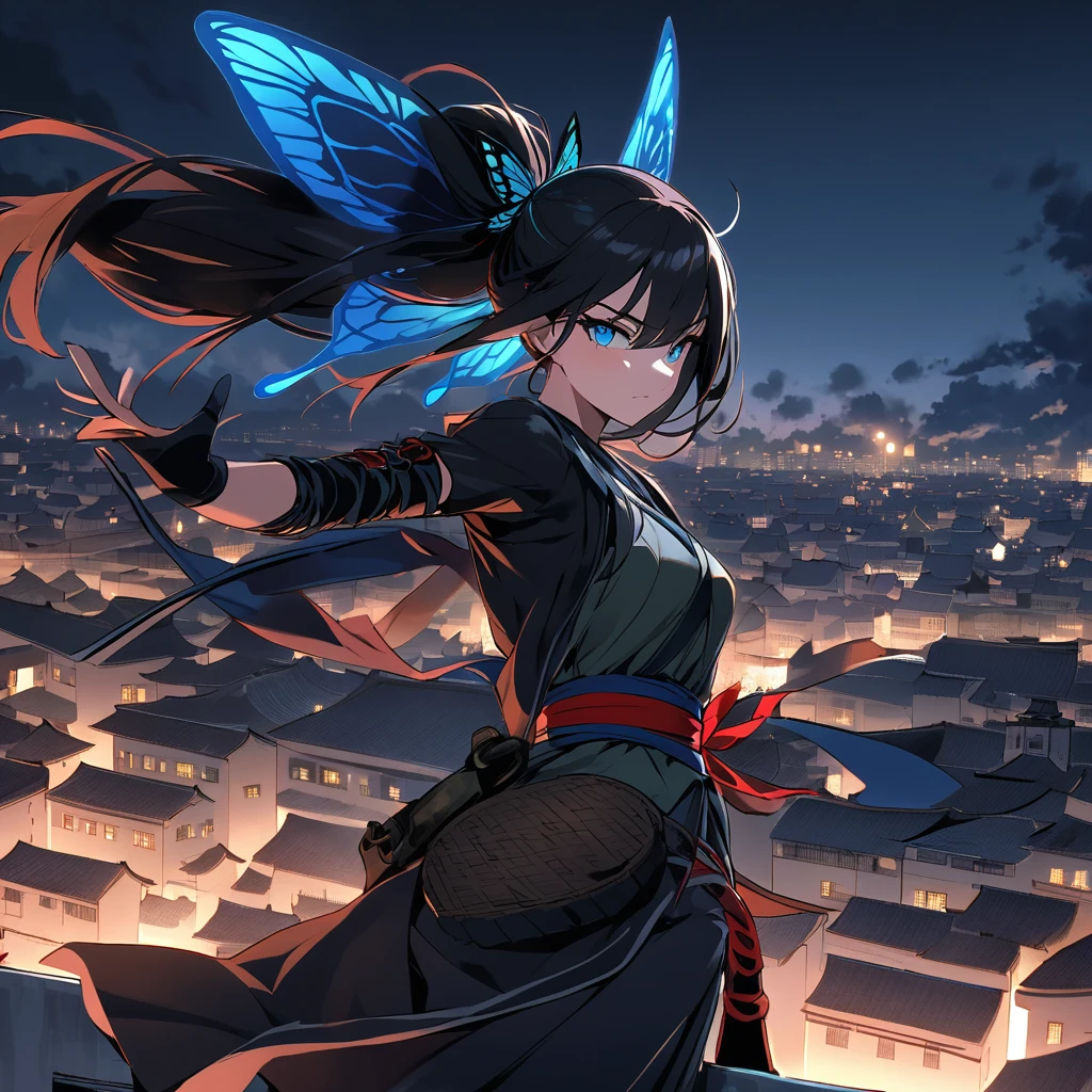 The dangerous Ninja Assassin 'Blue Butterfly' travels the city by rooftops at night, she is armed