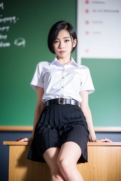 (realistic:1.2),from the front,(View from below:1.4),
เด็กหญิงshyุ 18 ปี,(shy),perfect body, kpop idols,short hair ,black hair,Hair clips,
(university uniform),white short sleeve shirt, black pleated skirt,black pencil skirt, belt,(black short skirt:1.2),
Sitting position,(thigh:1.4),(look away:1.4),(classroom background) ,
Mix 4,