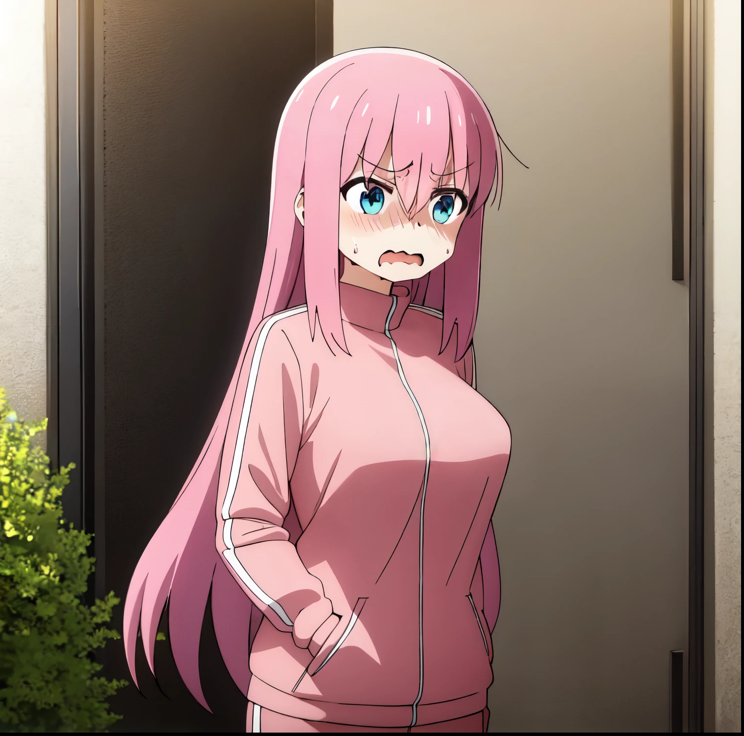 1girl,alone,hitori gotou,masterpiece,best quality,high resolution,goto hitori,alone,pink jacket,tracksuit,bangs,hair between eyes,long sleeves,(angry face:1.2),upper body,wavy mouth , drop of sweat, open mouth, embarrassed, trembling, outdoors, big breasts, medium waist, wide hips, medium thighs, embarrassed, sexy posture, shy, perfect anatomy, perfect hands