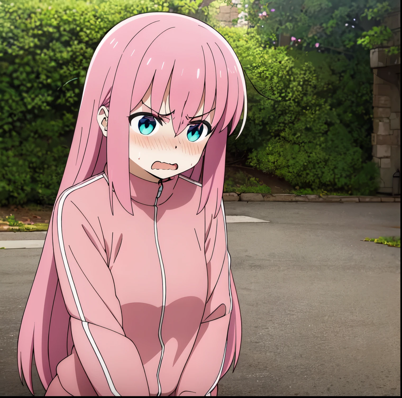 1girl,alone,hitori gotou,masterpiece,best quality,high resolution,goto hitori,alone,pink jacket,tracksuit,bangs,hair between eyes,long sleeves,(angry face:1.2),upper body,wavy mouth , drop of sweat, open mouth, embarrassed, trembling, outdoors, big breasts, medium waist, wide hips, medium thighs, embarrassed, sexy posture, shy, perfect anatomy, perfect hands