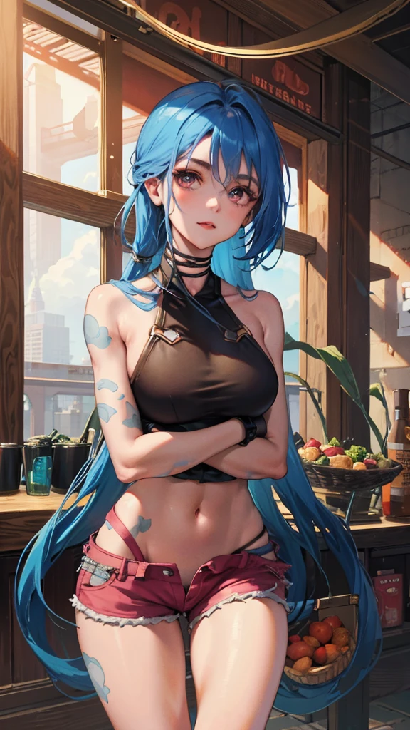 Jinx,Fleshy thighs，Insgram,posture，Ultra shorts，Western Metal，D cup，Happy expression,Full, straight breasts，Showing cleavage，Nipple protrusion