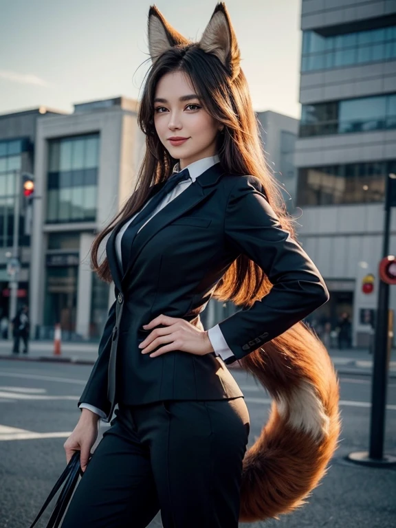 ((highest quality, 32k)), ((masterpiece)), (Get used to it), Perfect Face, Fox Girl, Beautiful woman, public, There is a tail, she has a fox tail, She wags her fluffy tail, smile, collar, She wears a business suit, Beautiful hip line, A tail sticking out from a business suit, Big