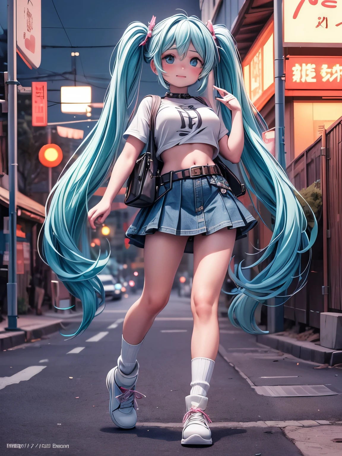 (masterpiece、highest quality、highest quality、Official Art、Beautiful and beautiful:1.2)、(One girl:1.3)Hatsune Miku、Twin tails,Big Breasts,Ultra-wide shot,Cinematic,8k,RAW Photos,Photorealistic,masterpiece,highest quality,High resolution,Very detailed,Intricate details,An absurd solution,High-quality texture,Detailed Texture,Bright colors,Professional Lighting,Radio City,Photon Mapping,Physically Based Rendering,High Quality Shadows,Ray Tracing,Perfect body,Perfect Face,Sony a7,Very beautiful face,Very beautiful eyes,One girl,denim  mini skirt,mini skirt,belt,alone,belly button,shirt,abdomen,shirt,Crop top,Large Breasts,(Underbust:1.2),Outdoor,Japanese Street,(loose socks:1.1),bangs,Long Hair,whole body,t-shirt,Short sleeve,Are standing,footwear,(A light smile:0.8),(Gothic Makeup:1.3),(Dynamic pose:0.6),Long Hair,