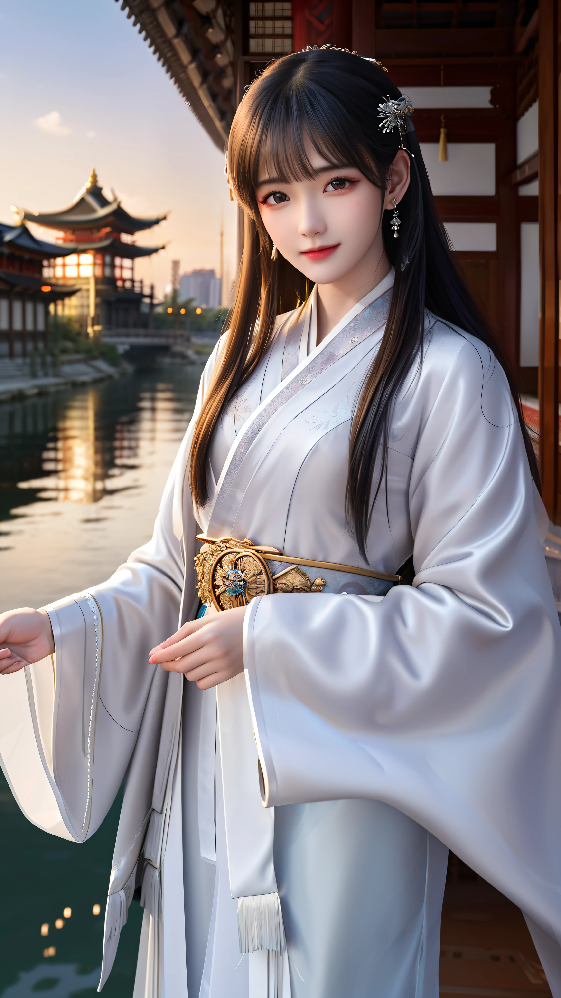 (Best Quality: 1.3, Masterpiece: 1.3), Ultra High Definition, (1 Girl, Solo), Captured in Atmospheric Perspective, Detailed Face with Expressive Eyes, Red and Glowing, Cleft Lip Adding Character, Shiny Skin Reflecting Light, Brown Hair cascading Super Long and Wavy, Looking Directly at the Audience with Intensity, Earrings dangling gracefully, Small Breasts and Slim Body, Clad in White Silk Robe, Standing by the Riverside, East Asian Architecture as Beautiful Background, Perfectly Lit with Frontal Lighting, Physically Based Rendering Adding Dep