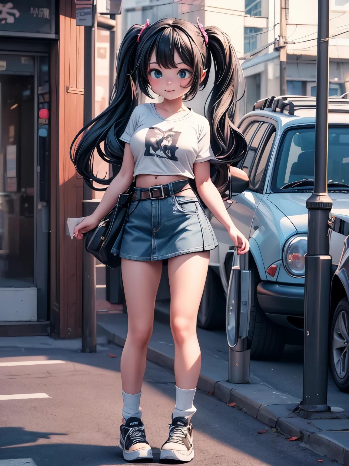 (masterpiece、highest quality、highest quality、Official Art、Beautiful and beautiful:1.2)、(One girl:1.3)Hatsune Miku、Twin tails,Big Breasts,Ultra-wide shot,Cinematic,8k,RAW Photos,Photorealistic,masterpiece,highest quality,High resolution,Very detailed,Intricate details,An absurd solution,High-quality texture,Detailed Texture,Bright colors,Professional Lighting,Radio City,Photon Mapping,Physically Based Rendering,High Quality Shadows,Ray Tracing,Perfect body,Perfect Face,Sony a7,Very beautiful face,Very beautiful eyes,One girl,denim mini skirt,mini skirt,belt,alone,belly button,shirt,abdomen,shirt,Crop top,Large Breasts,(Underbust:1.2),Outdoor,Japanese Street,(loose socks:1.1),bangs,Long Hair,whole body,t-shirt,Short sleeve,Are standing,footwear,(A light smile:0.8),(Gothic Makeup:1.3),(Dynamic pose:0.6),Long Hair,