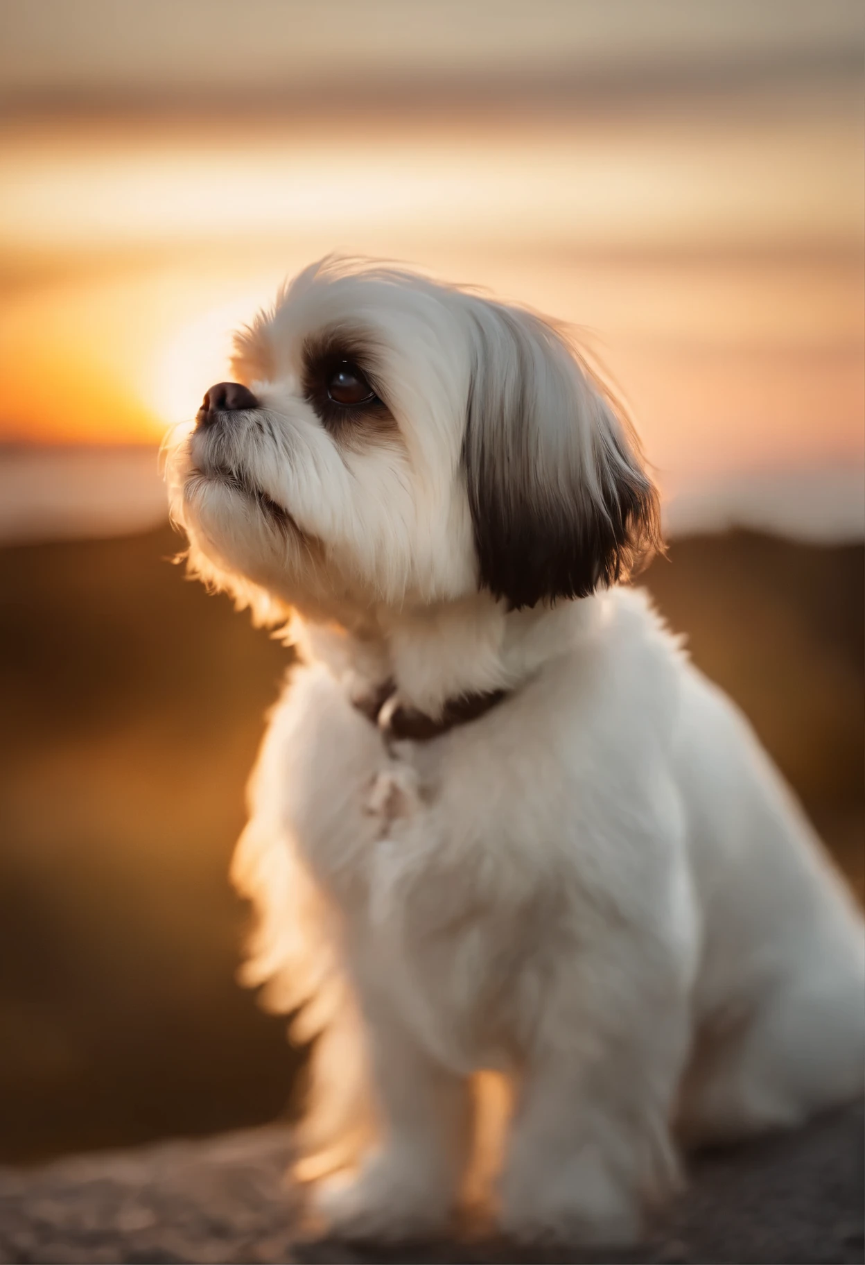 A white Shih Tzu dog sitting looking up at the sunset、coastal、Lonely、