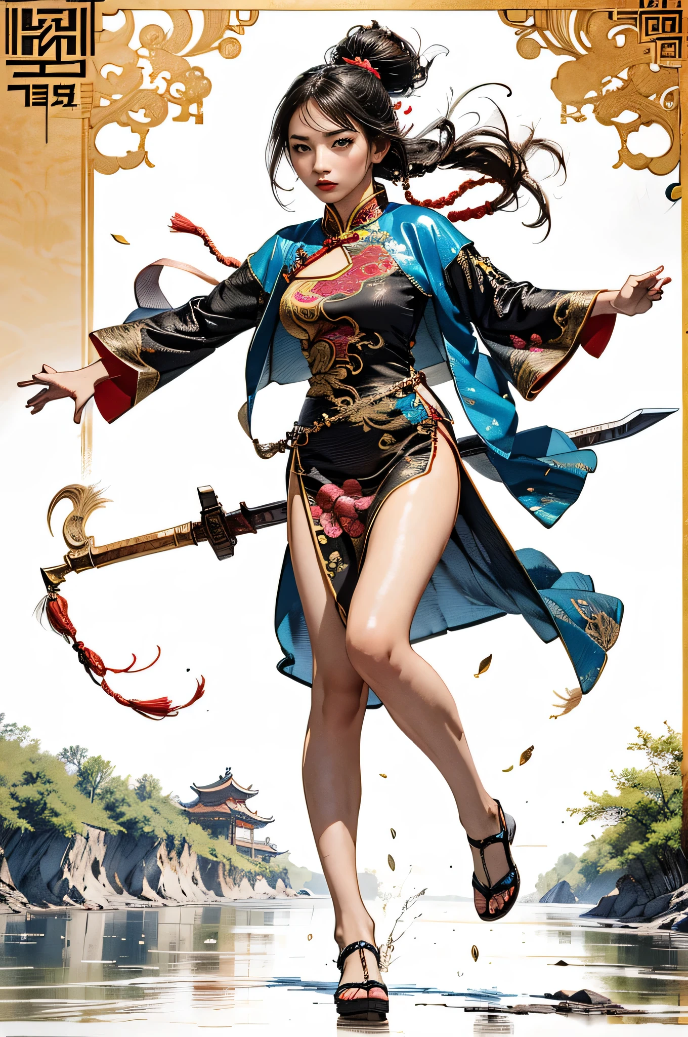 Stick Fighting Master, Chinese women, 22 years old, A gorgeously embroidered Chinese dress, Sensual, Disheveled Hair, Expressing agility,whole body,