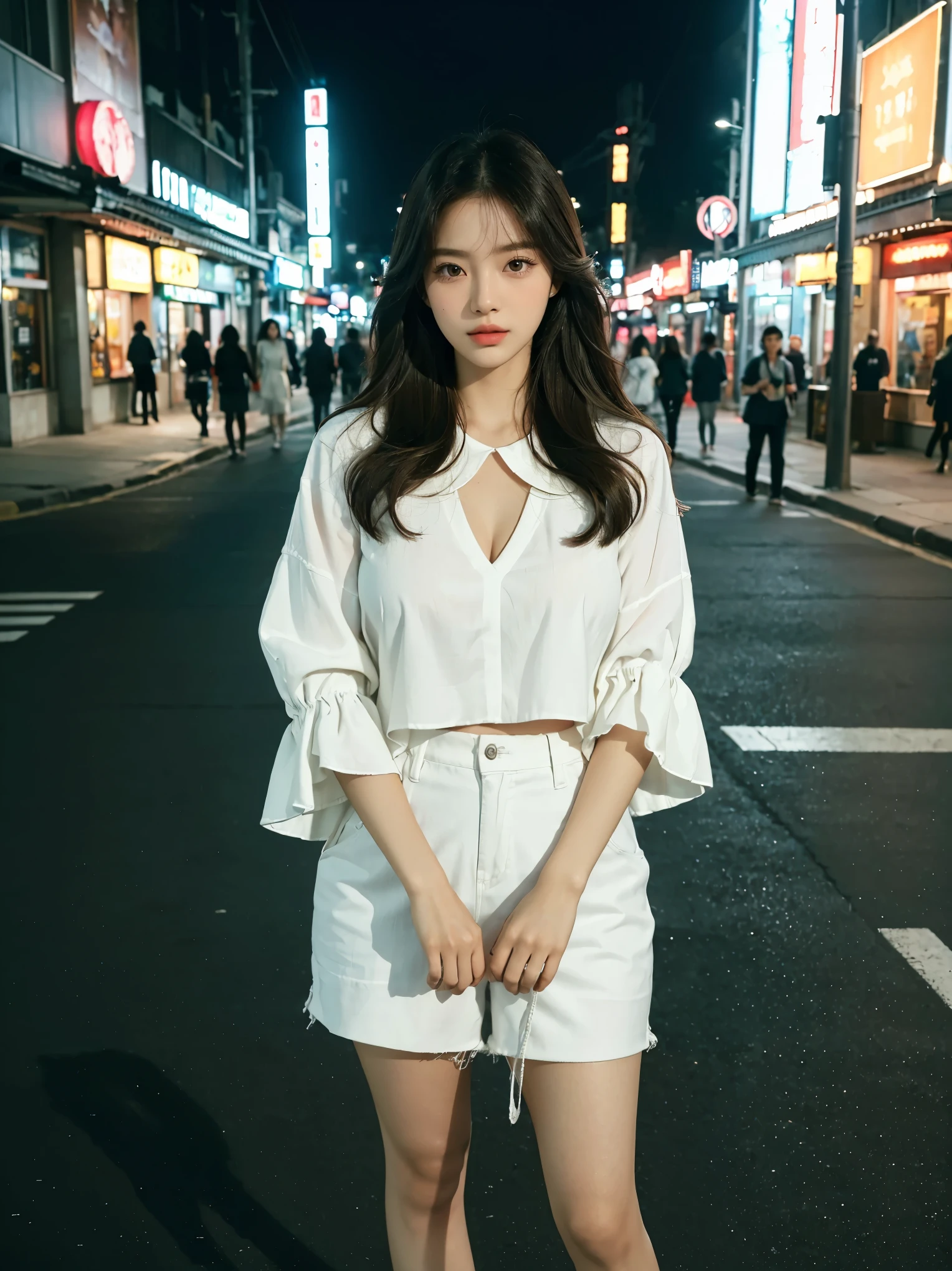 (best quality,16K,high resolution,masterpiece:1.2),Super detailed,(Practical,Reality,Photo-realistic:1.37),Korean fashion beauty,Japanese and Korean beauties,Cute and innocent,Detailed eyes and face,Beautiful and delicate lips,White Teeth,Long eyelashes,Slimming,fashionable in dressing,shorts skirt,Plump upper circumference,Large Breasts,cleveage,(charming的,charming:1.1),Colorful street background,Fashion Clothing and Accessories,The fabric of the clothes is smooth,Portrait Style Photography,Bright colors,Street Lights.