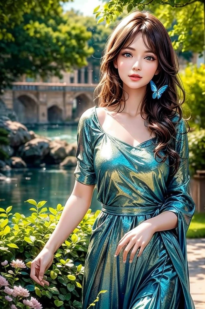 (best quality,4k,8k,highres,masterpiece:1.2),ultra-detailed,(realistic,photorealistic,photo-realistic:1.37),oil painting,detailed facial features,girl,blue butterfly tattoo,blue butterfly on finger,feminine,serene expression,flowing dress,standing gracefully,green park,beautiful flowers,bright sunlight,vibrant colors,soft focus,impressionist style,harmonious color palette,subtle lighting