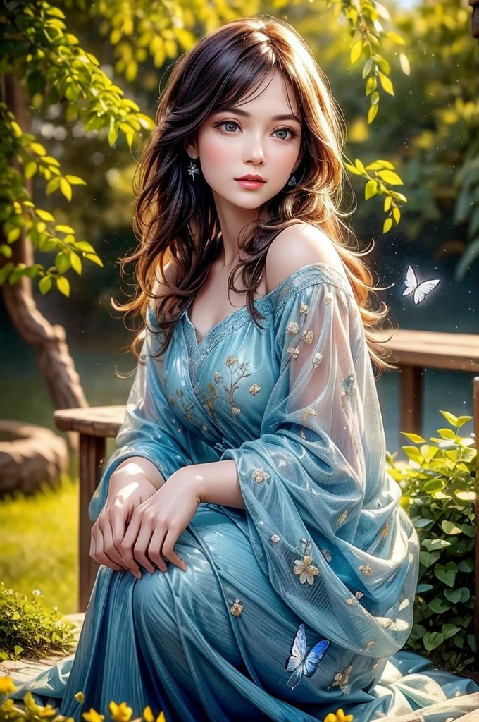 (best quality,4k,8k,highres,masterpiece:1.2),ultra-detailed,(realistic,photorealistic,photo-realistic:1.37),oil painting,detailed facial features,girl,blue butterfly tattoo,blue butterfly on finger,feminine,serene expression,flowing dress,standing gracefully,green park,beautiful flowers,bright sunlight,vibrant colors,soft focus,impressionist style,harmonious color palette,subtle lighting