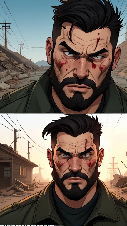 Viking style strong man Portrait style Cartoon style digital illustration GTA style Fallout 4 survivor wearing refuge 101 uniform, He has black hair and a beard, he has an expression of anger and is stained with blood from battle, the scenery and destruction around him, Cartoon style, digital illustration, GTA style, portrait mode.