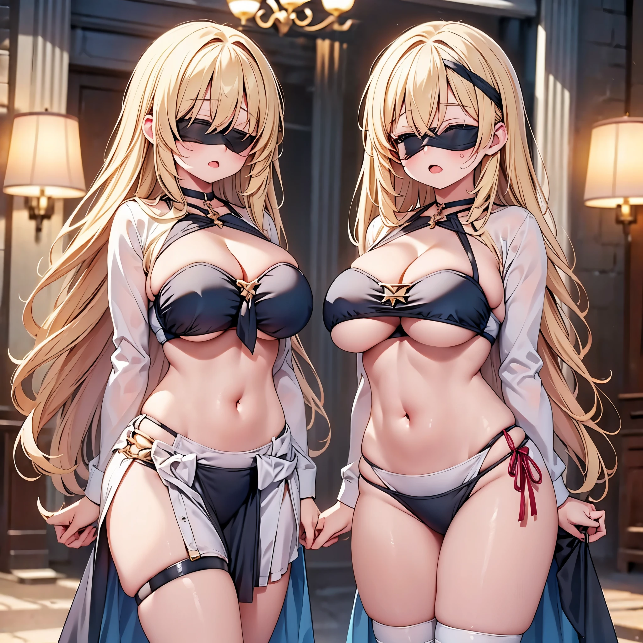 highest quality,wonderful,finely,extremely detailed CG Unity 8K wallpaper, (Stand in line:1.2), (3 girls, blonde, clothed), (huge breasts:1.2), (cleavage cutout:1.6), (Underboob:1.6), (crop top navel:1.6), (open mouth:1.1), (long tongue:1.1), (mouth drool:1.1), (black stockings:1.1),(Thighs:1.2),(Waistline:1.2),(black blindfold, blindfold:1.5)