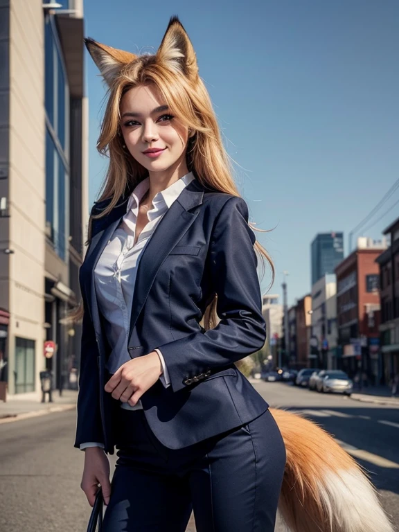 ((highest quality, 32k)), ((masterpiece)), (Get used to it), Perfect Face, Fox Girl, Beautiful woman, public, There is a tail, she has a fox tail, She wags her fluffy tail, smile, collar, She wears a business suit, Beautiful hip line, A tail sticking out from a business suit, Big 