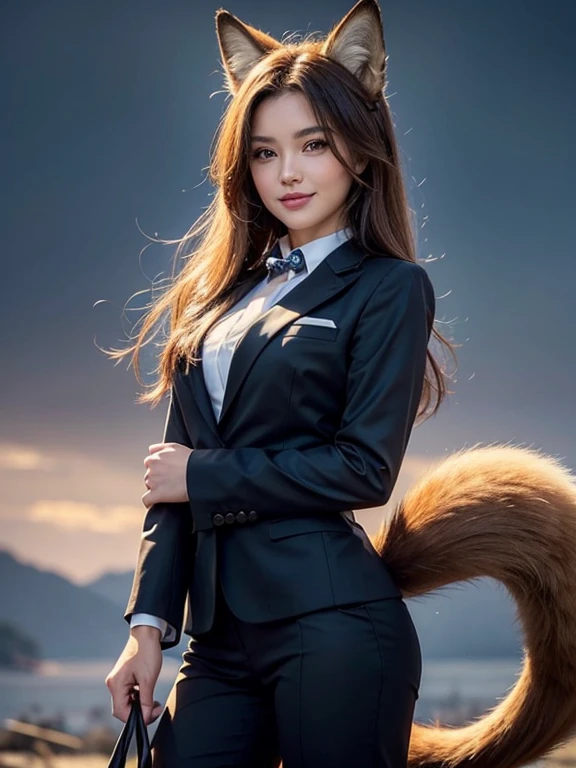 ((highest quality, 32k)), ((masterpiece)), (Get used to it), Perfect Face, Fox Girl, Beautiful woman, public, There is a tail, she has a fox tail, She wags her fluffy tail, smile, collar, She wears a business suit, Beautiful hip line, A tail sticking out from a business suit, Big 