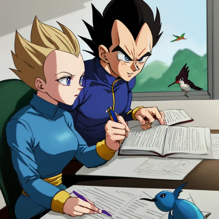 Vegeta studying with a hummingbird