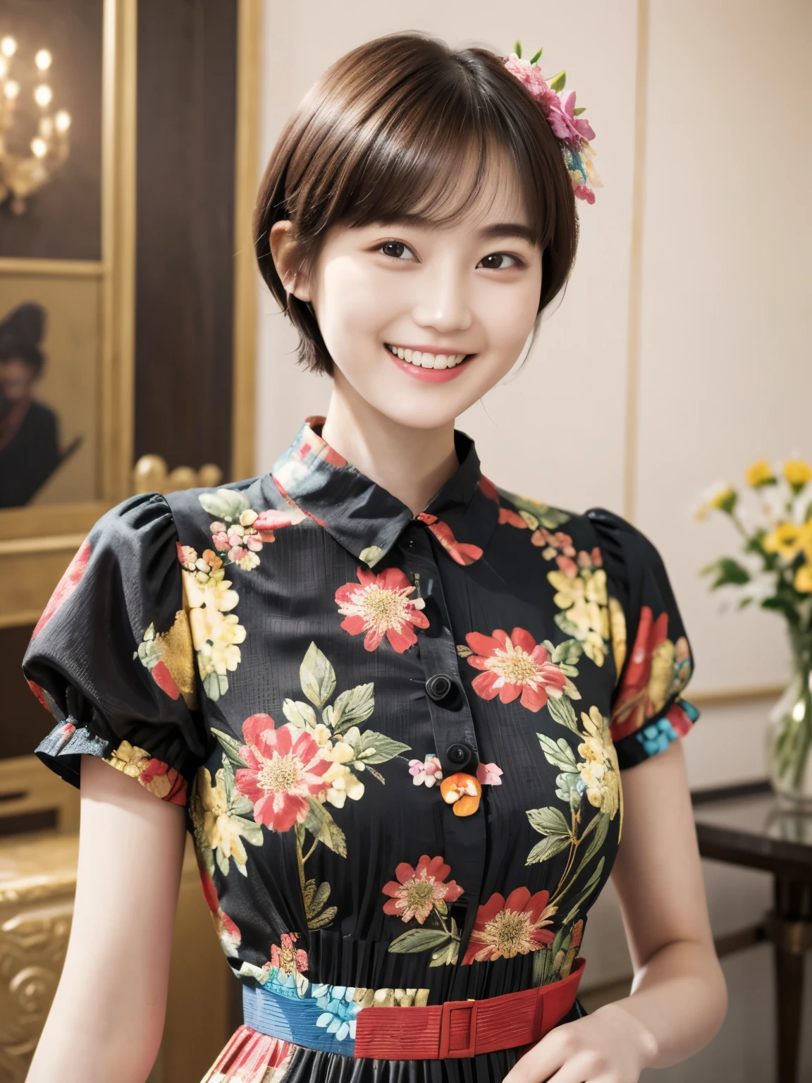 217 Short Hair, 20-year-old woman, A kind smile, Floral, (Colorful Dresses, Luxury palace)