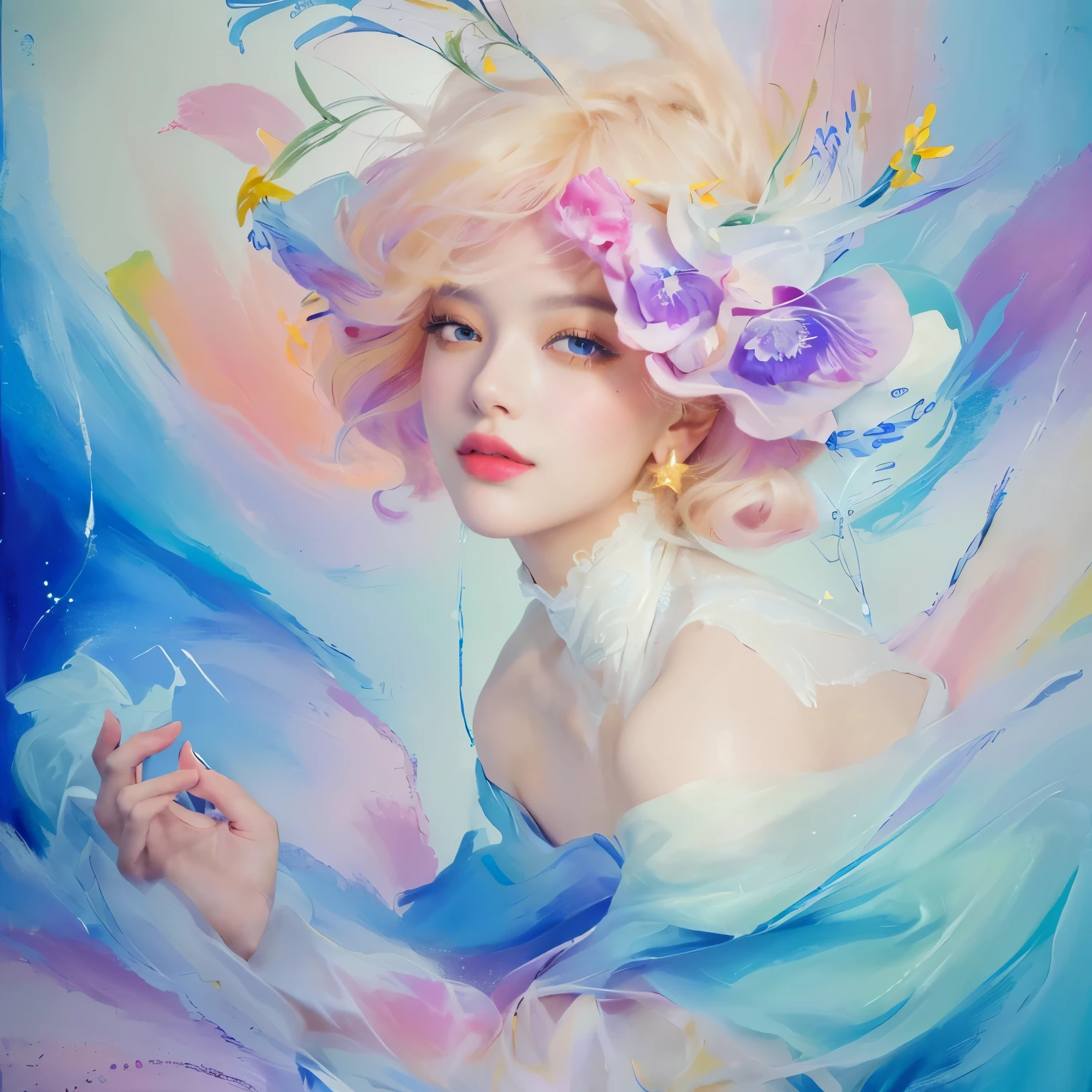 (best quality, highres, realistic:1.37), detailed portrait, a impressive painting of girl in galaxy beautiful detailed eyes, beautiful detailed lips, long eyelashes, fashionable clothing, confident and elegant posture, unique catwalk style, starry night pattern on the jacket, vibrant colors, rich textures, soft and glowing lighting, runway atmosphere, asian model