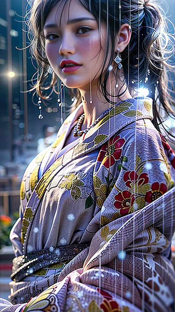 (Realistic:1.3, 16k, highest quality, masterpiece, Ultra-high resolution), ((snow, From below)), Perfect dynamic composition:1.2, (Shrine at night in a modern city, Expressions of sadness:0.9, Low angle shooting:0.9), Highly detailed skin and facial textures:1.2, Young woman getting wet in the rain, Fair skin, Sexy beauty, Incredibly slim body, beautifully、beautiful, Very beautiful face, Water droplets on the skin, (The rain drips down on my body, Wet body, Wet Hair), (Professional kimono dressing:1.0, Holding a bouquet of wet lilies, Wearing a wet silver kimono), (Shapely breasts, Chest gap), (Big eyes that exude beautiful eroticism:0.7, Lips that exude beautiful eroticism:0.7), necklace, Earrings, bracelet, wedding ring, Highly detailed and accurate hand and finger representation