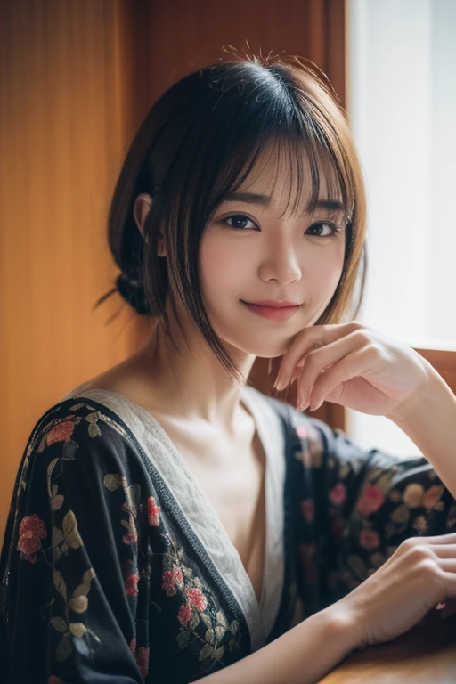 (Photorealistic:1.4), (Top image quality:1.0), (超A high resolution:1.0), 8k, Raw photography, (masterpiece:0.2), (Purelos Face_v1:0.5)、(最高quality Detail:1.2)、Realisticな、8k UHD、High resolution、(One Girl:1.2)、超detailedな、High quality textures、Intricate details、detailed、非常にdetailedなCG、High quality shadows、detailed 美しく繊細な顔、detailed 美しく繊細な目、Depth of written boundary、Ray Tracing,One Girl, Japanese girl, cute, thin, Black kimono, Japanese patterned kimono,Floral scrunchie, Beautiful Skin, Look forward,please sit down, Sit up straight「thank you」says,Put your hands together gracefully,The land of Japan smiling faintly,Japanese garden,Luxurious Japanese-style room, Sky Porn, Magic Hour, (Realistic:1.3), 細かくdetailedに, quality, (Tabletop:1.2), (Realistic:1.2), (最高quality), (複雑なdetailed), dramatic, Ray Tracing, photograph, +roller