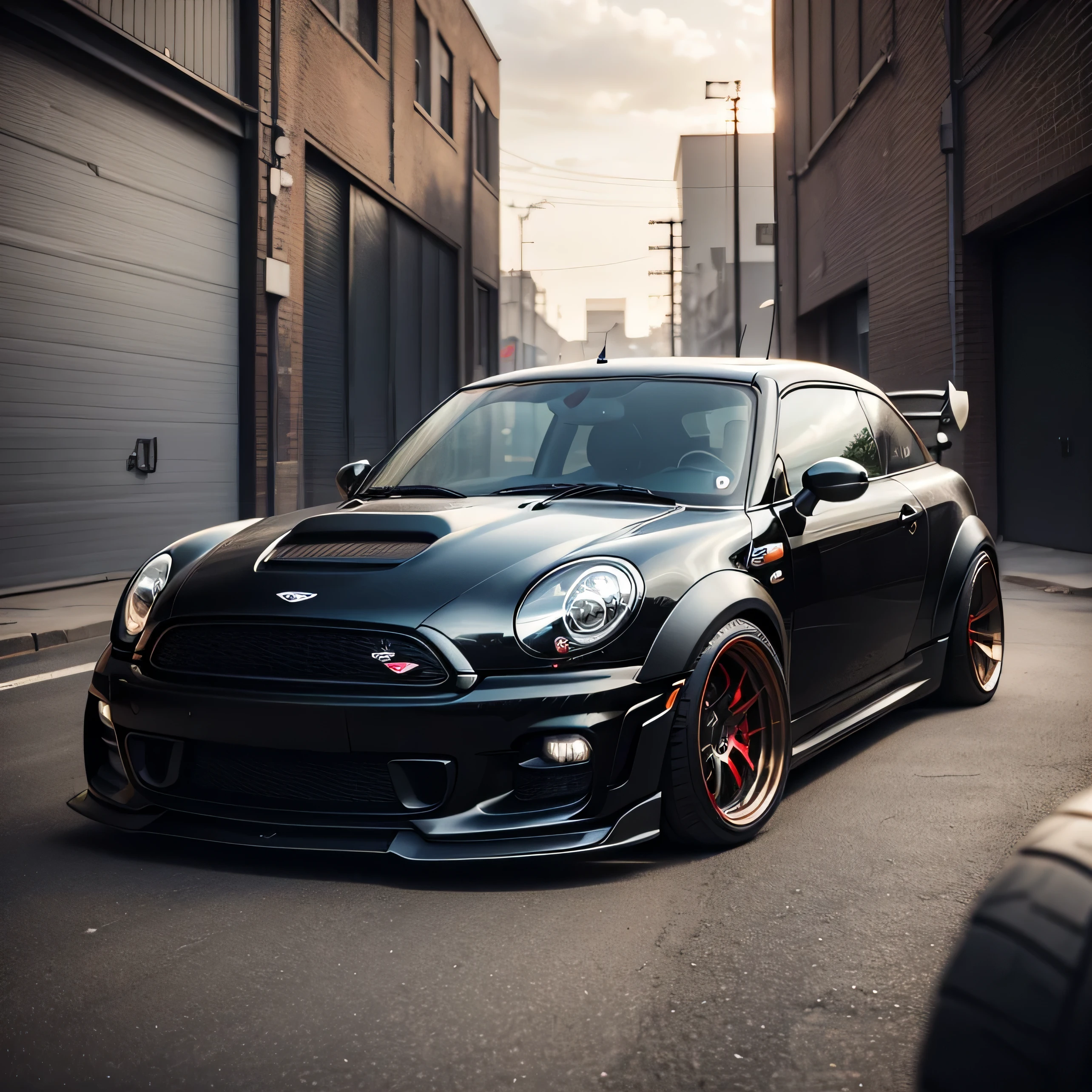 Black Mini Cooper Coupe, ((carbon fibre, Liberty walk ultra wide body kit)), aggressive stance ((background: outside old industrial style building, large windows in background, overcast sky, heavy industrial look, cobble stone street)), 8K quality, realistic, realism, sharp, detailed, ultrawide, black and carbon fibre and deep candy apple red scheme, front profile, epic stance, epic ultra wide body kit, super low stance, aggressive looks