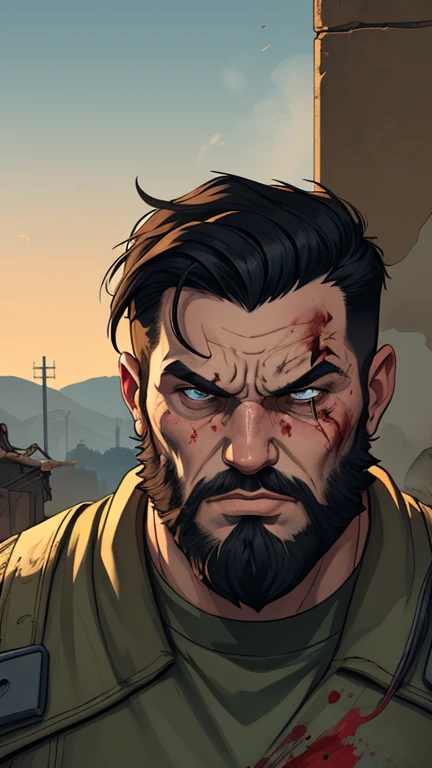 Viking style strong man Portrait style Cartoon style digital illustration GTA style Fallout 4 survivor wearing police uniform , He has black hair and a beard, he has an expression of anger and is stained with blood from battle, the scenery and destruction around him, Cartoon style, digital illustration, GTA style, portrait mode. 