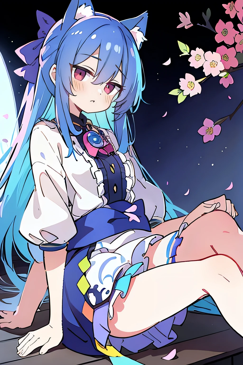 (masterpiece:1.2),ultra-detailed,realistic,expressive eyes,fair-skinned,perfectly shaped face,1girl,
Japanese cartoons,Gorgeous blue hair, flowing blue hair,floating clothes,cat ears,petals falling,beautiful Lola,Hina Angel,
hands on waist,gracefully sitting on the ground,legs crossed,gentle and serene background,cool and comfortable pavilion,shy face ,night .