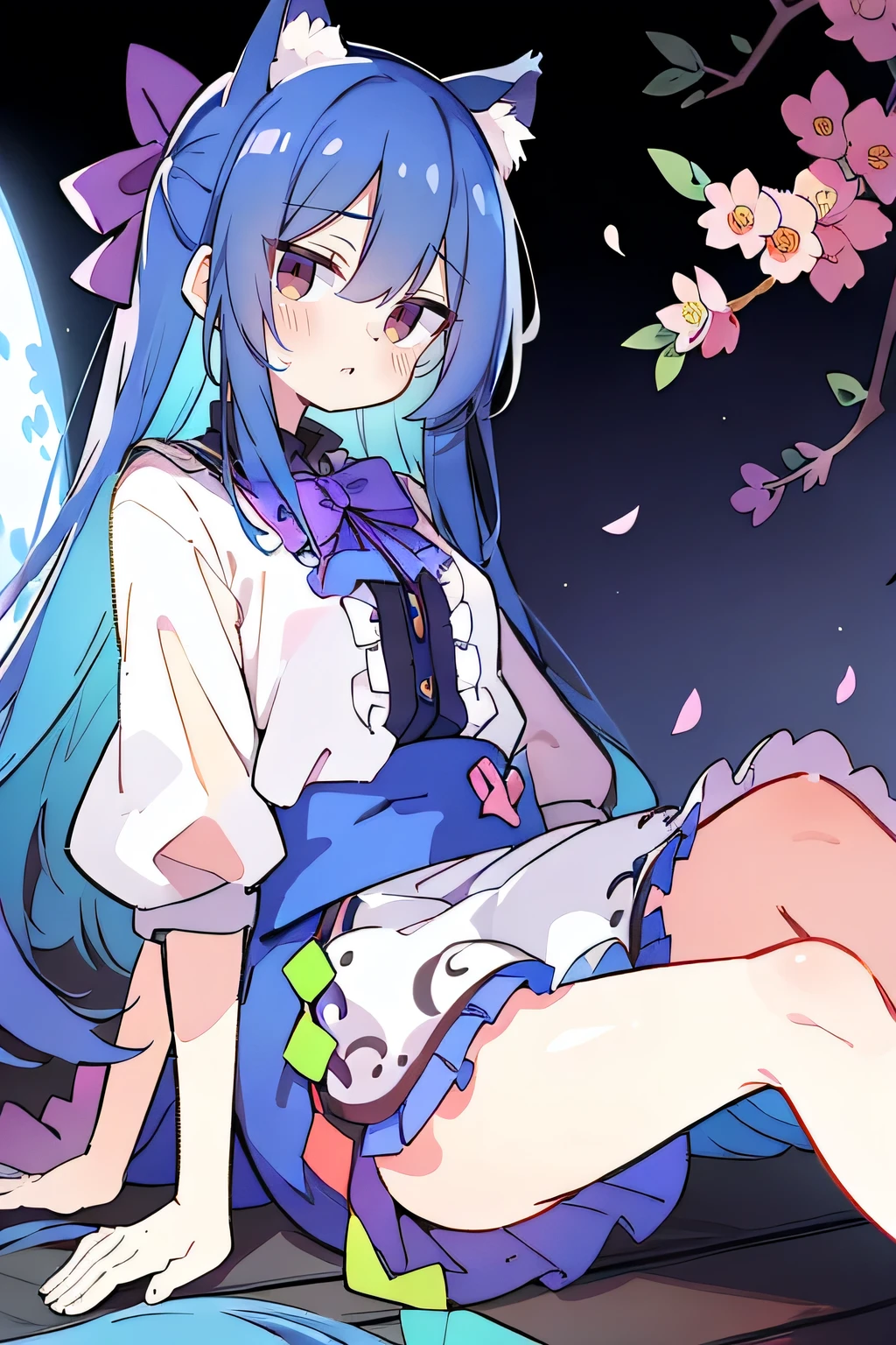 (masterpiece:1.2),ultra-detailed,realistic,expressive eyes,fair-skinned,perfectly shaped face,1girl,
Japanese cartoons,Gorgeous blue hair, flowing blue hair,floating clothes,cat ears,petals falling,beautiful Lola,Hina Angel,
hands on waist,gracefully sitting on the ground,legs crossed,gentle and serene background,cool and comfortable pavilion,shy face ,night .