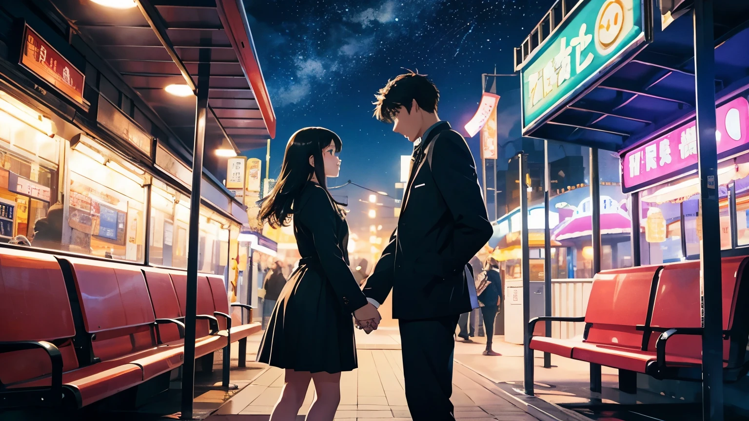 15 years old、Male and female couple、Holding hands、Date at the amusement park、The man is expressionless、Woman smiles、The girl is wearing a high blazer、Skirt 10cm above the knee、The man is wearing black plain clothes、The color of the shoes is black、whole body、Detailed facial expressions、Anime Style、comics, Bright starry sky. Romantic bus stop, Pure