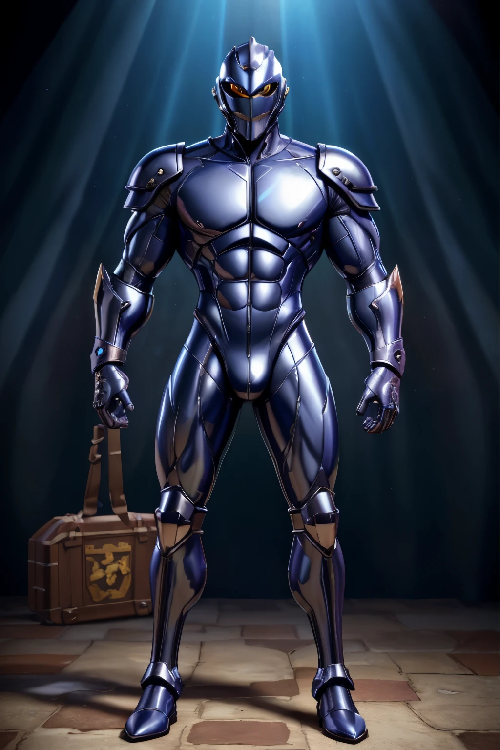 ((Best Quality, 8K, ultra-detailed, Masterpiece: 1.3)), 1boy, shiny skin, sharp, Perfect Body Beauty, realistic shaded perfect body, muscular male, (cute male face:1.1),("bodysuit, big bulge ":1.2),("leggins , armor":1.1),("glove, armor":1.1 ), helmet, helmet that covers the entire head, mask of an expressionless male face. (techwear)(dynamic pose:1.1), thigh , battle field , (bulge focus:1.2), 3d, cartoon