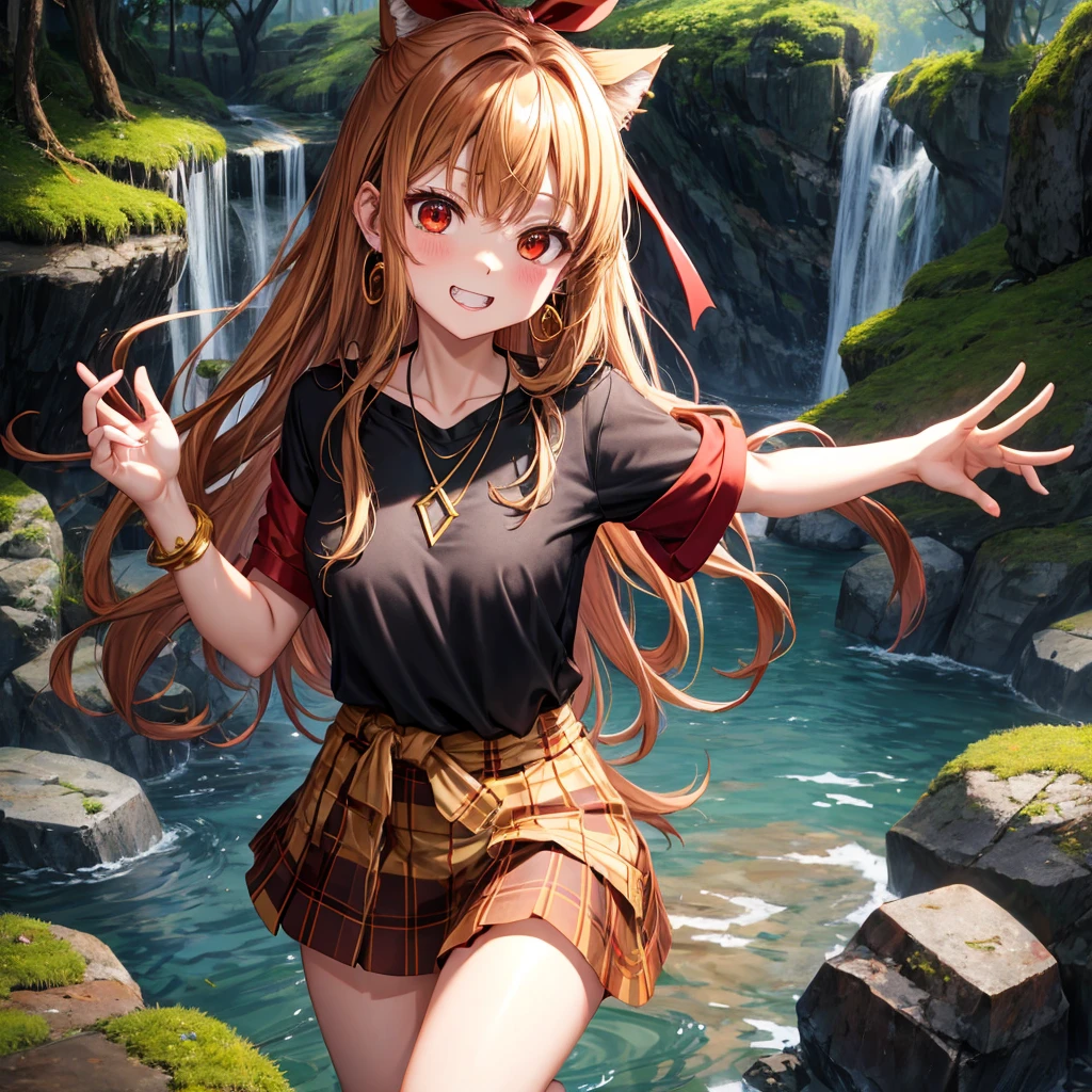 Brown, red, gold, golden hair、Red eyes、One good looking girl、solo、anime、Checkered mini skirt、Black camisole、Black T-shirt、hoodie、Wearing a ribbon、Ribbon on waist、Crystal Earrings、Gemstone Necklace、Light and shadow、Tilting face、Teeth are visible、waterfall、Kuroko、tunnel、pylon、Sunset sky、Towering、frilled lizard、light、flash、Barrel、Wife、loose、moss