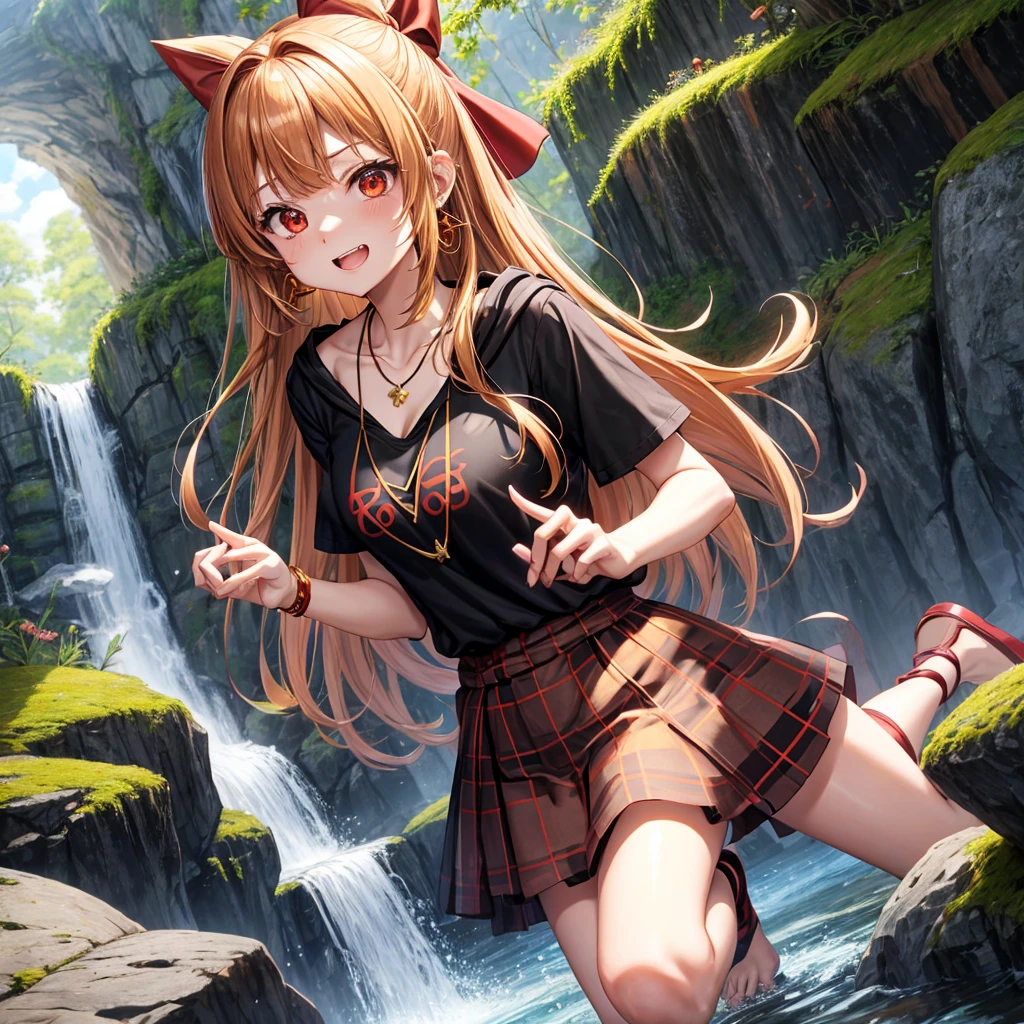 Brown, red, gold, golden hair、Red eyes、One good looking girl、solo、anime、Checkered mini skirt、Black camisole、Black T-shirt、hoodie、Wearing a ribbon、Ribbon on waist、Crystal Earrings、Gemstone Necklace、Light and shadow、Tilting face、Teeth are visible、waterfall、Kuroko、tunnel、pylon、Sunset sky、Towering、frilled lizard、light、flash、Barrel、Wife、loose、moss