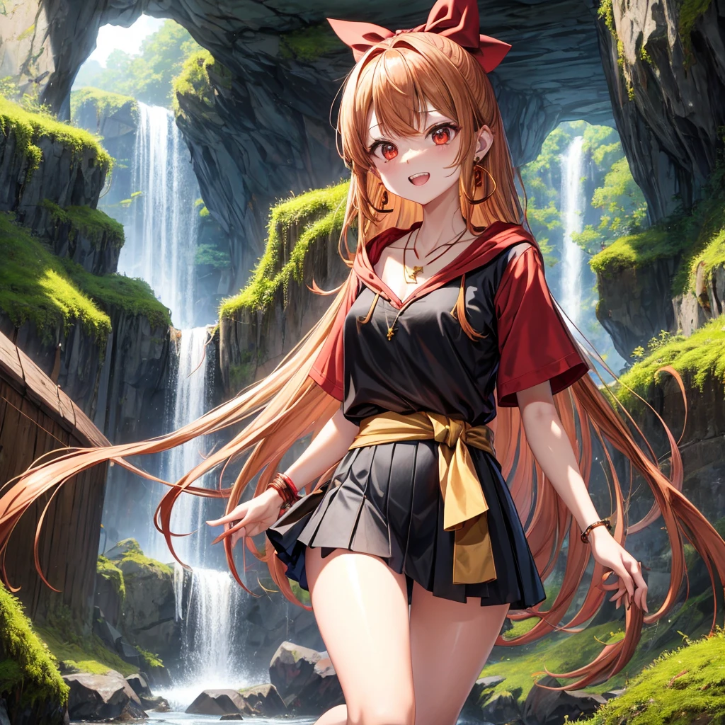 Brown, red, gold, golden hair、Red eyes、One good looking girl、solo、anime、Checkered mini skirt、Black camisole、Black T-shirt、hoodie、Wearing a ribbon、Ribbon on waist、Crystal Earrings、Gemstone Necklace、Light and shadow、Tilting face、Teeth are visible、waterfall、Kuroko、tunnel、pylon、Sunset sky、Towering、frilled lizard、light、flash、Barrel、Wife、loose、moss