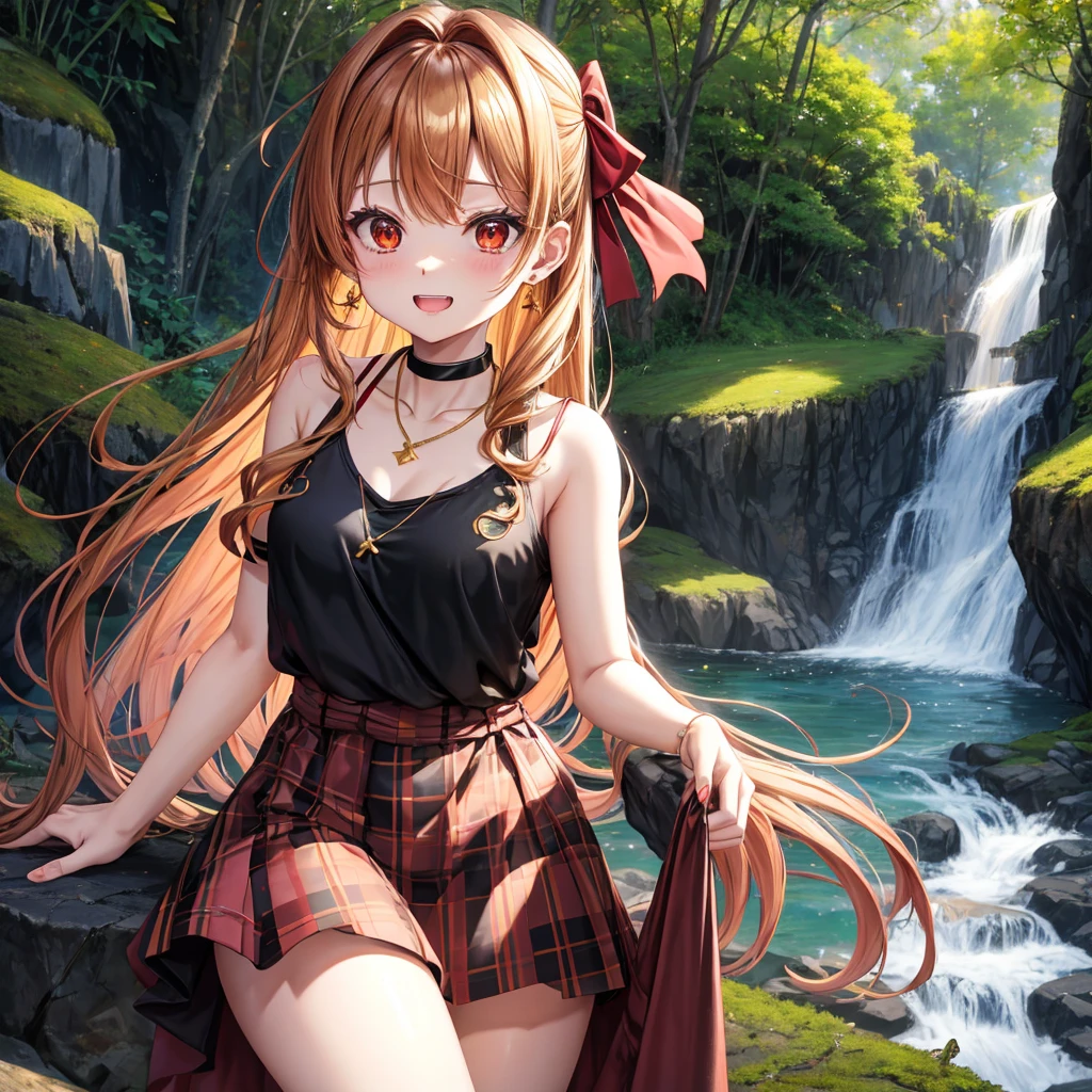 Brown, red, gold, golden hair、Red eyes、One good looking girl、solo、anime、Checkered mini skirt、Black camisole、Black T-shirt、hoodie、Wearing a ribbon、Ribbon on waist、Crystal Earrings、Gemstone Necklace、Light and shadow、Tilting face、Teeth are visible、waterfall、Kuroko、tunnel、pylon、Sunset sky、Towering、frilled lizard、light、flash、Barrel、Wife、loose、moss