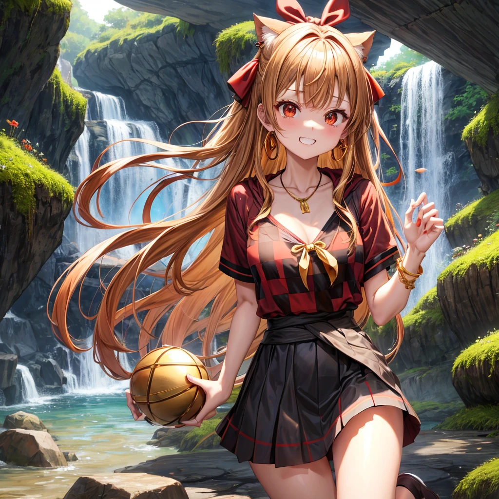 Brown, red, gold, golden hair、Red eyes、One good looking girl、solo、anime、Checkered mini skirt、Black camisole、Black T-shirt、hoodie、Wearing a ribbon、Ribbon on waist、Crystal Earrings、Gemstone Necklace、Light and shadow、Tilting face、Teeth are visible、waterfall、Kuroko、tunnel、pylon、Sunset sky、Towering、frilled lizard、light、flash、Barrel、Wife、loose、moss