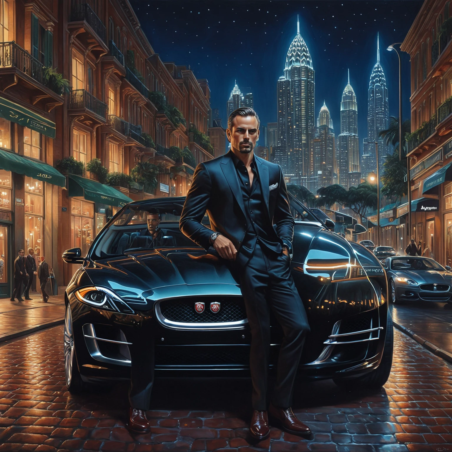 drawing of a man, with (hyper-detailed face: 1,3), posing next to his jaguar. Street, night, illuminated buildings, hyperrealistic background, blurred background. By Alex Ross, detailed, 8k