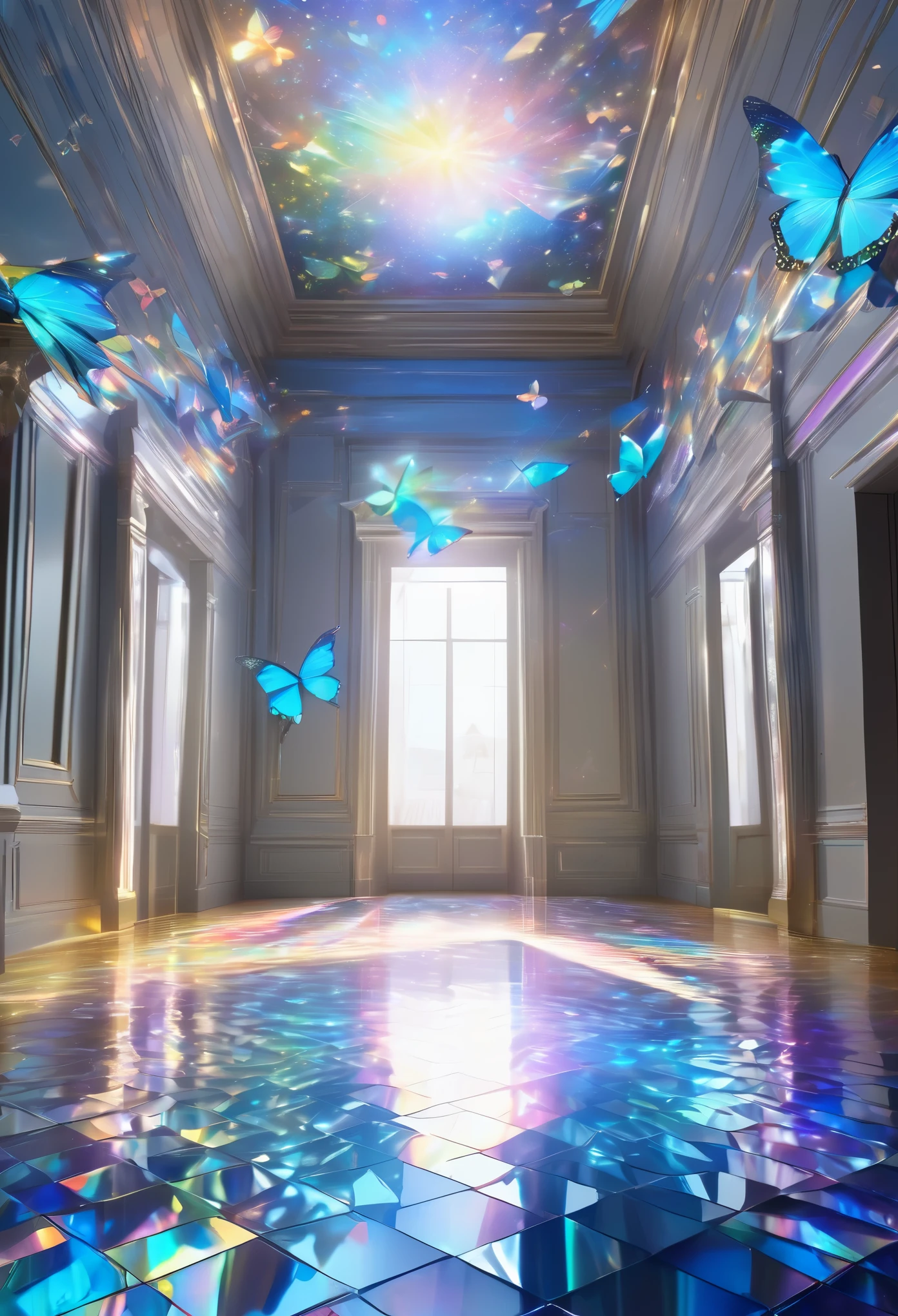 best quality, super fine, 16k, incredibly absurdres, extremely detailed, delicate, flashy and dynamic depiction, room with fine prisms covering the floor, walls, and ceiling, shining light, diffused reflection, bright blue butterfly projected by hologram, and flying scales are also reproduced, iridescent, artwork
