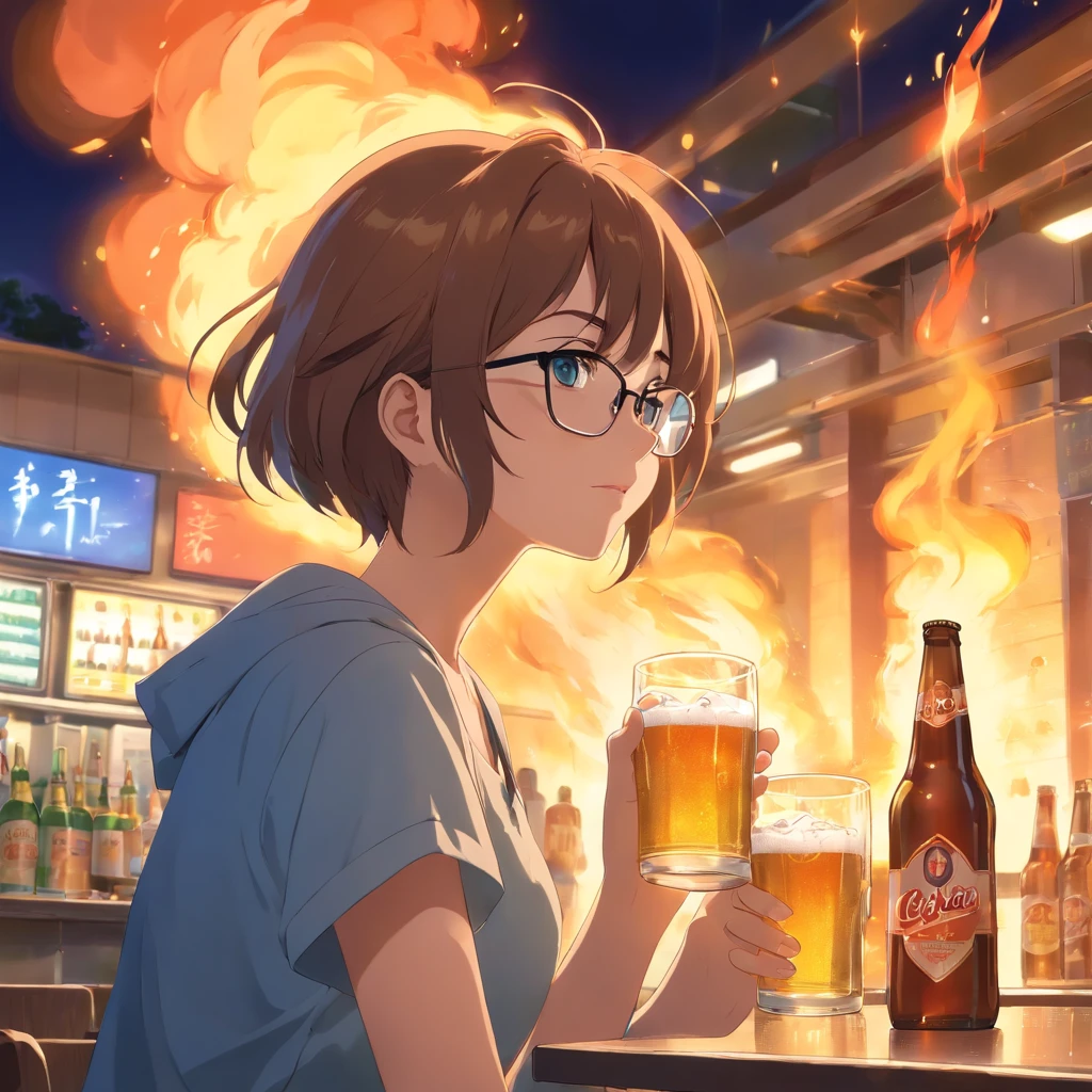 Burning　canteen　Glasses　woman　Beer 