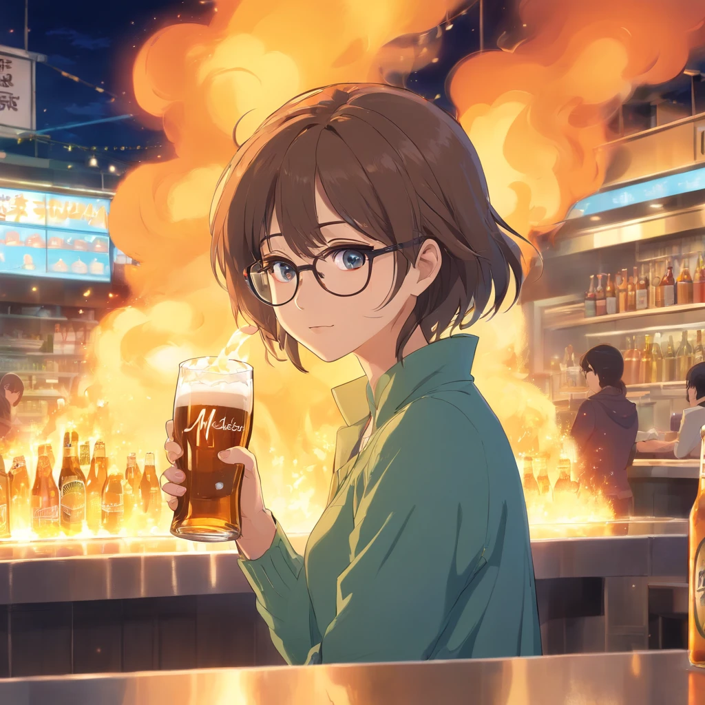 Burning　canteen　Glasses　woman　Beer 