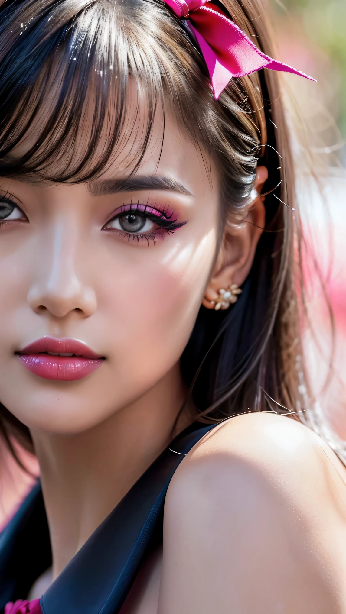 Divide Ratio : 1,1,1 Base Ratio: (portrait),beauty (mixed girls) in (highly detailed 32k absurd art of a ((girl 18-year-old)) ),fashion supermodel,(best high quality real texture skin:1.3),((ebony skin female:1.2)),(best quality texture hair:1.4),BREAK,((short bright dark hair((bangs swept to the side)) extremely detailed:1.3)),((outside,an orchard of blooming cherry trees:1.3)),(best high quality:1.33),(photo realistic:1. 45),(Hyper realistic:1.45),((sharp focus)),(highest resolution),((soft neon lighting on the face and body)),(perfect proportions),(anatomically correct),(perfect female body),(firm normal full breasts:1.3),slim face,beautiful cheekbones,((slim,swell-muscled body:1.24)),(Super beautiful face),(realistic face),(highly detailed face:1.4),absurd(ultra detailed eyes), finely detailed face,finely quality eyes,(tired and sleepy and satisfied:0.0),(close up of a woman's eye with a digital rendering),realistic eyes,perfect round eyes,finely detailed pupils,(black_eyes:1.28),BREAK,detailed lips:1.3,(pink_lipstick:1.2),pink_makeup:1.22, long_blue_eyeliner:1.18, perfect dark_eyeshadows:1.4, ((there a close up of a woman's)), (super detailed makeup on eyes:1.3), iridescent eyes, with professional makeup, vibrant eyes:1.2, (Detailed nose:1.2),BREAK,(super extravagant (Pink collared blouse shirt)),BREAK,((wear dark_red tie:1.2)),small head:1.4, ((ornament red ribbon on head)),exquisite balance of shadows,perfect composition,((upper body shot:1.3)),((look at the viewer)), Hasselblad, 50mm f/2.2