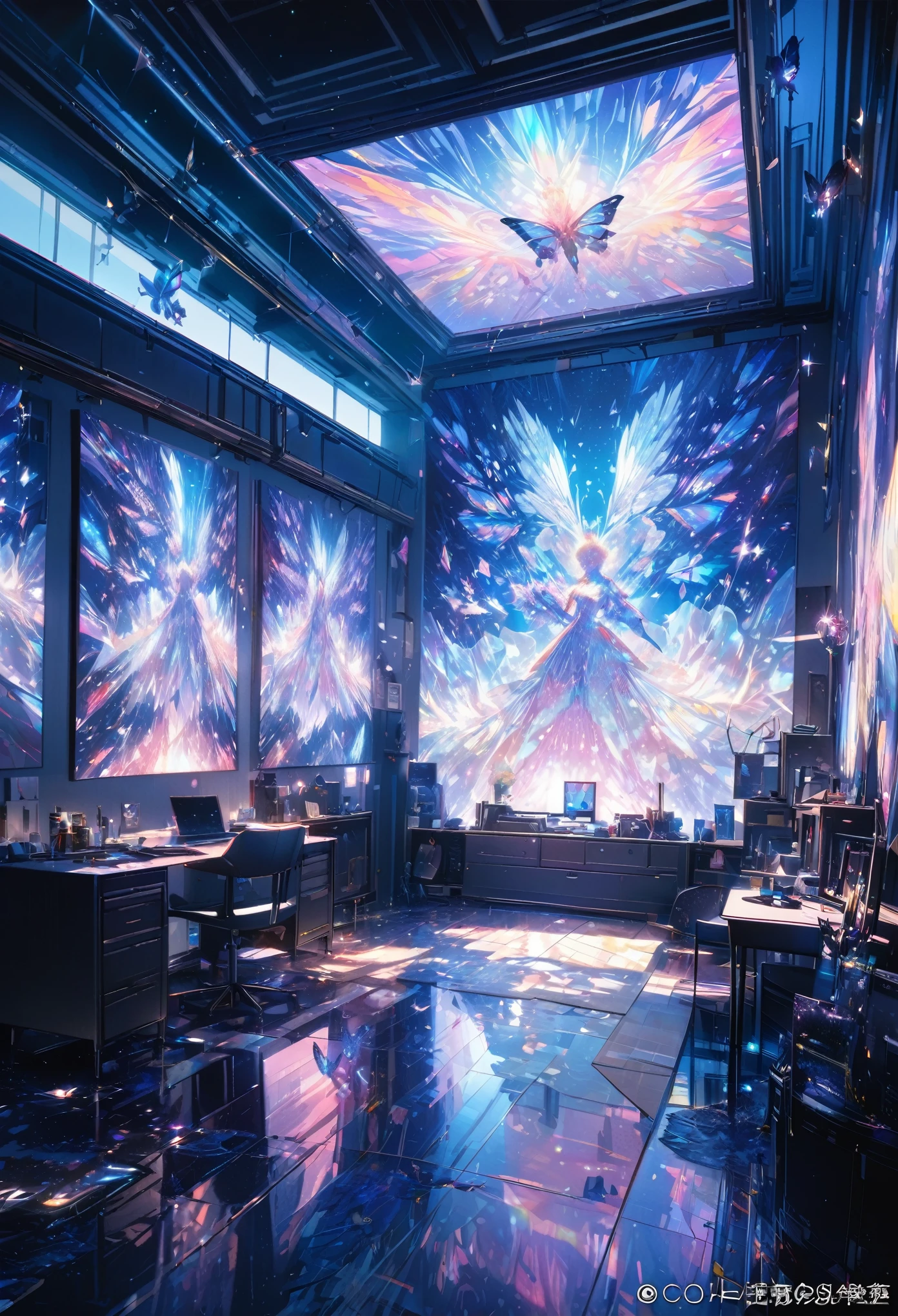 best quality, super fine, 16k, incredibly absurdres, extremely detailed, delicate, flashy and dynamic depiction, room with fine prisms covering the floor, walls, and ceiling, shining light, diffused reflection, bright blue butterfly projected by hologram, and flying scales are also reproduced, iridescent, artwork