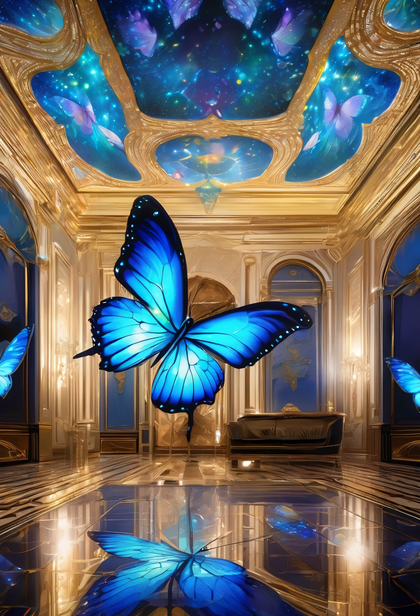 best quality, super fine, 16k, incredibly absurdres, extremely detailed, delicate, flashy and dynamic depiction, room with fine prisms covering the floor, walls, and ceiling, shining light, diffused reflection, bright blue butterfly projected by hologram, and flying scales are also reproduced, iridescent, artwork